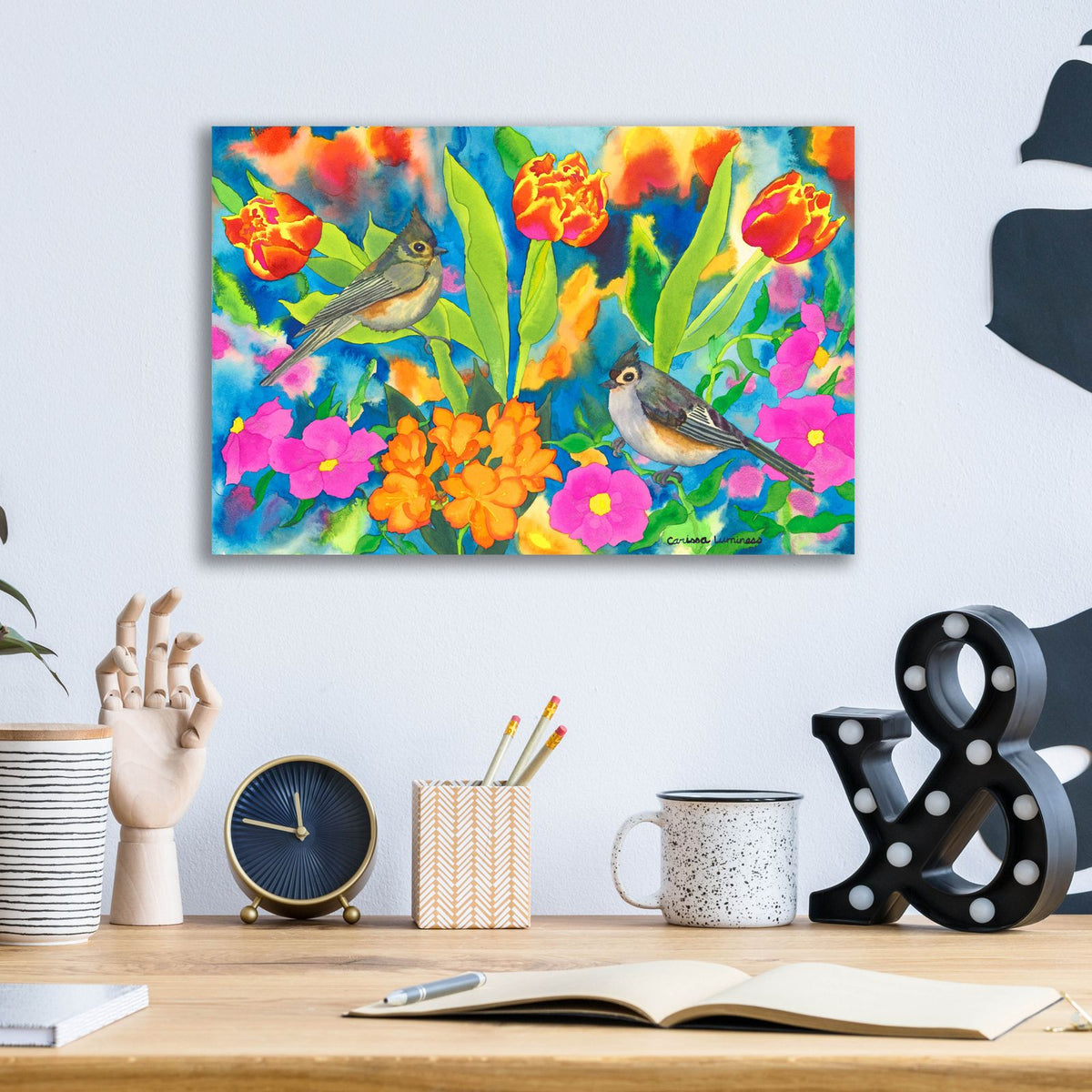 Titmouses and Tulips by Carissa Luminess - 16x12 acrylic wall art in a room