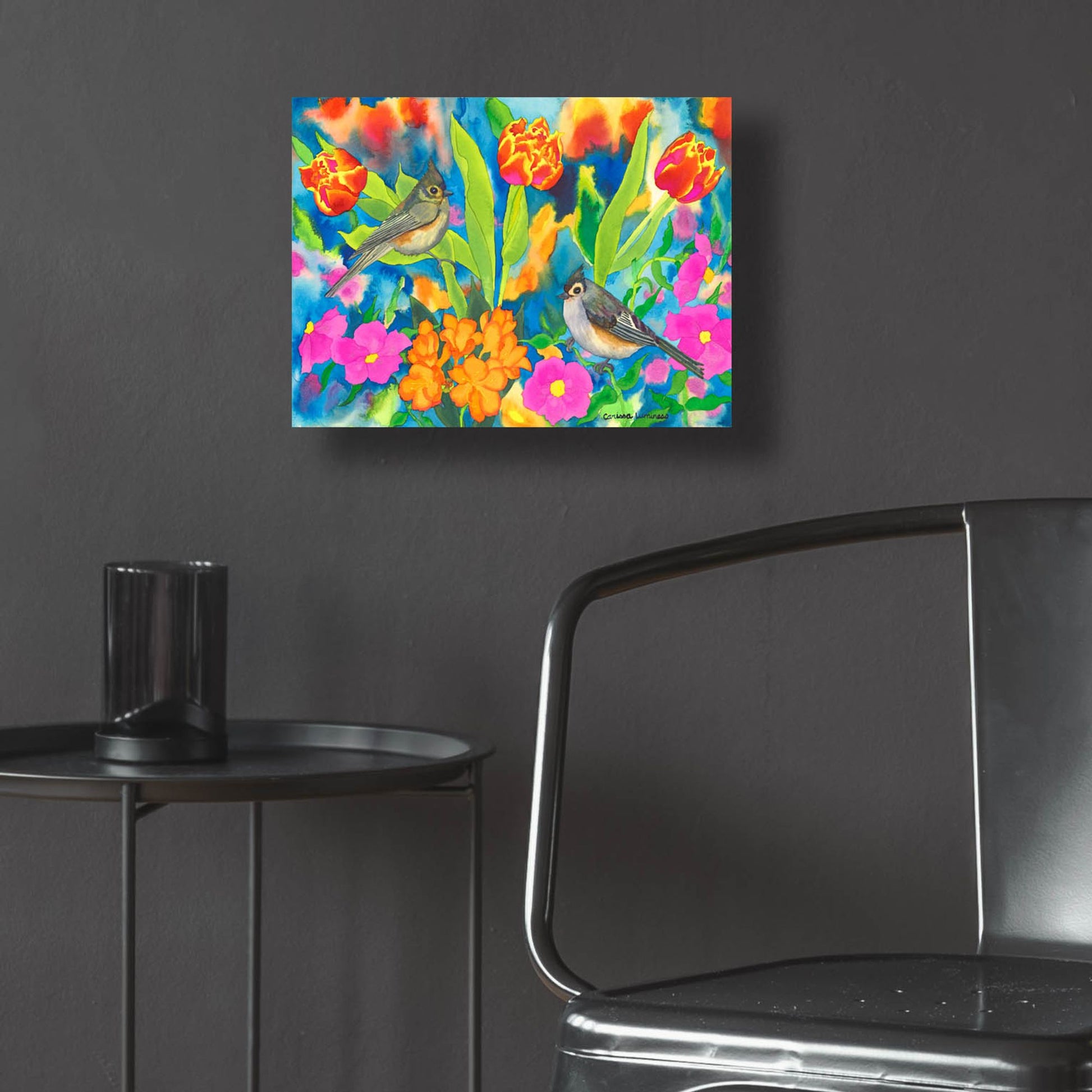 Epic Art 'Titmouses and Tulips' by Carissa Luminess, Acrylic Glass Wall Art,16x12