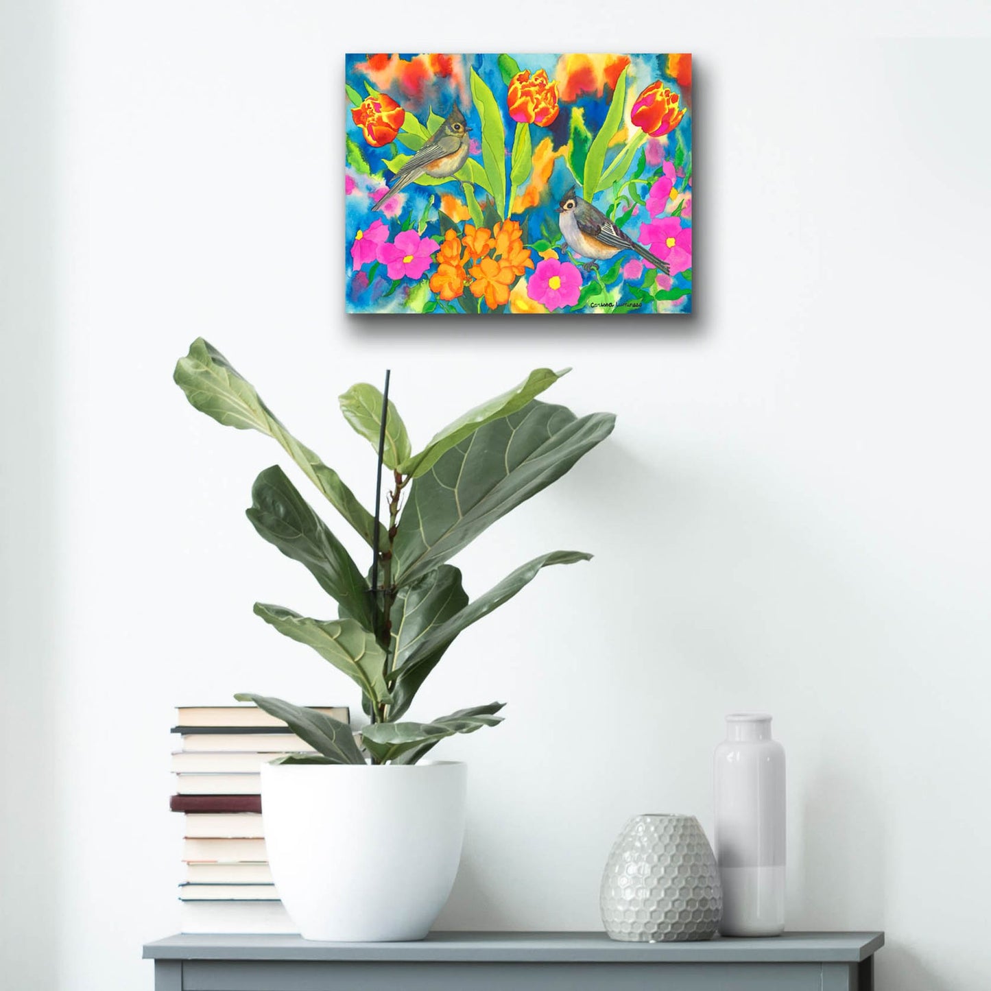 Epic Art 'Titmouses and Tulips' by Carissa Luminess, Acrylic Glass Wall Art,16x12