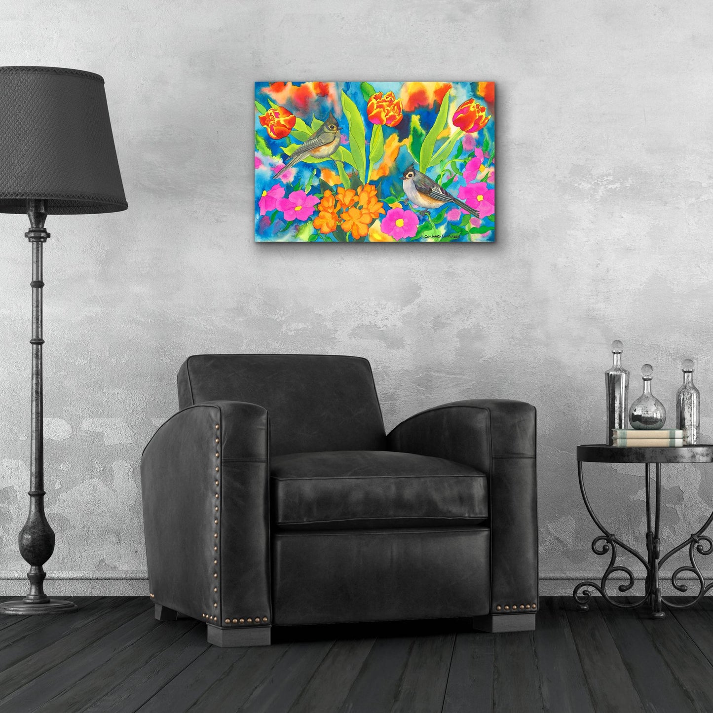 Epic Art 'Titmouses and Tulips' by Carissa Luminess, Acrylic Glass Wall Art,24x16