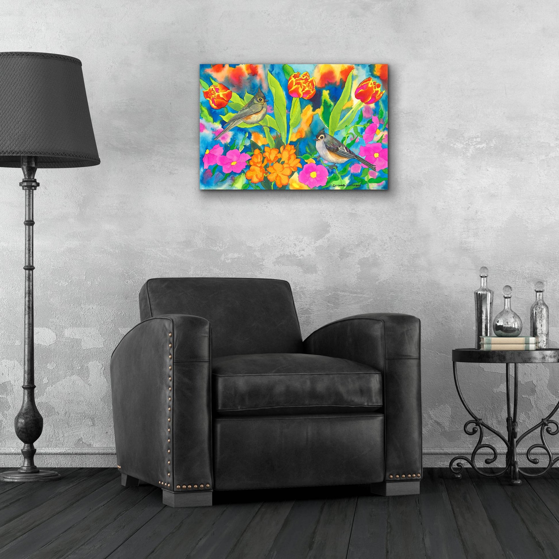 Epic Art 'Titmouses and Tulips' by Carissa Luminess, Acrylic Glass Wall Art,24x16