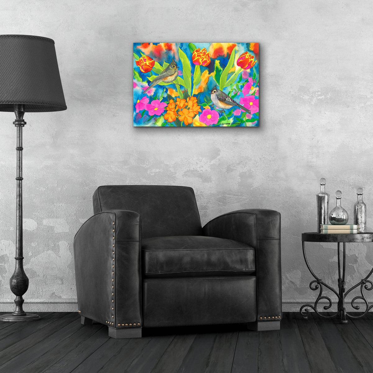 Titmouses and Tulips by Carissa Luminess - 24x16 acrylic wall art in a room