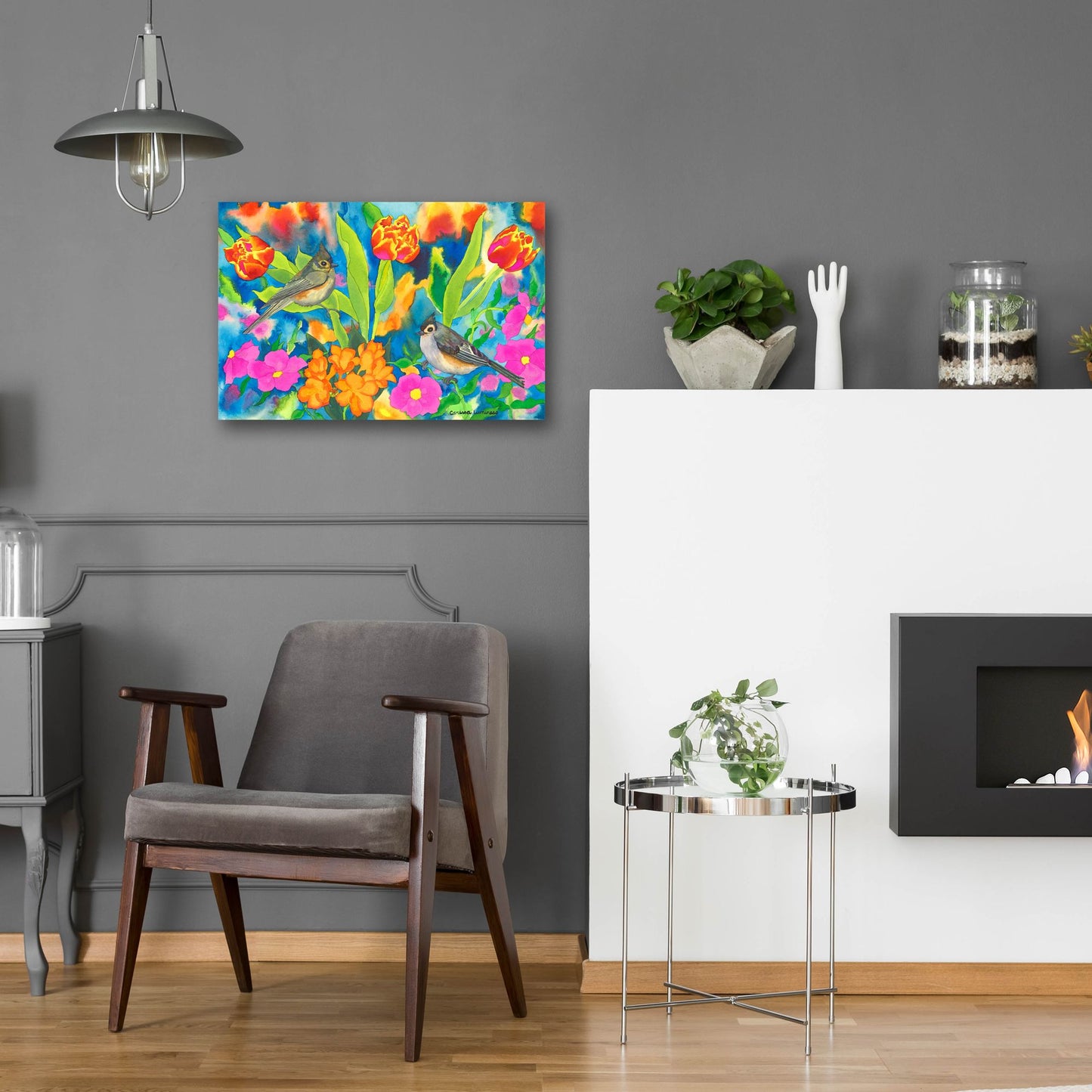 Epic Art 'Titmouses and Tulips' by Carissa Luminess, Acrylic Glass Wall Art,24x16