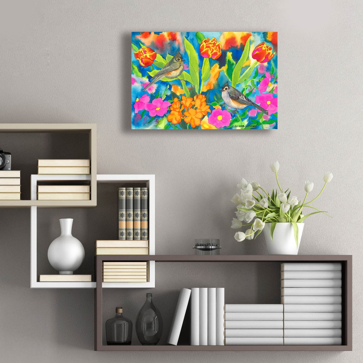 Epic Art 'Titmouses and Tulips' by Carissa Luminess, Acrylic Glass Wall Art,24x16