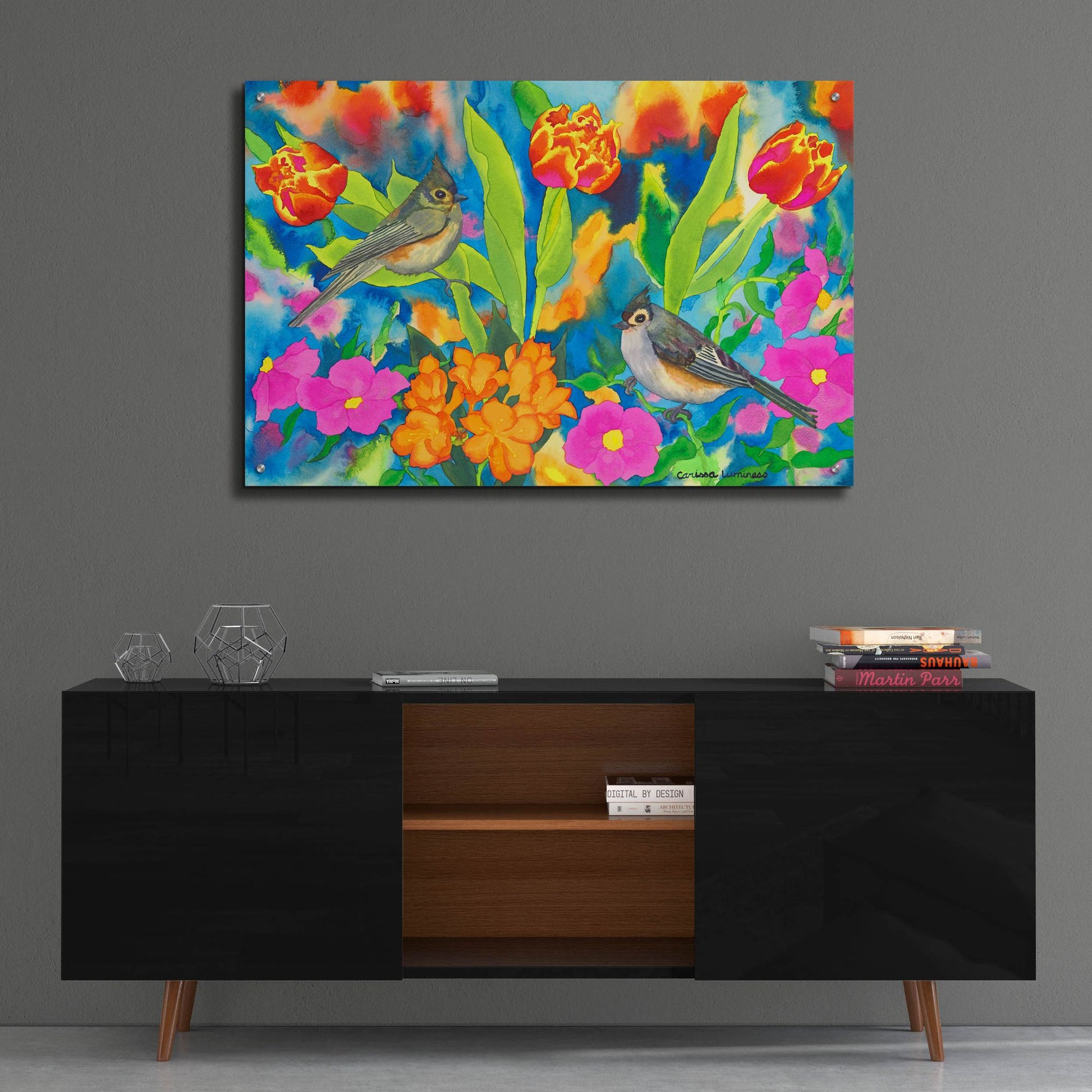 Epic Art 'Titmouses and Tulips' by Carissa Luminess, Acrylic Glass Wall Art,36x24