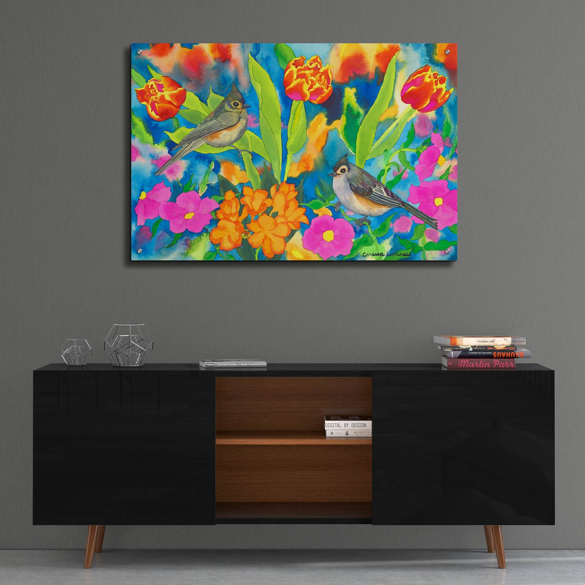 Titmouses and Tulips by Carissa Luminess - 36x24 acrylic wall art in a room
