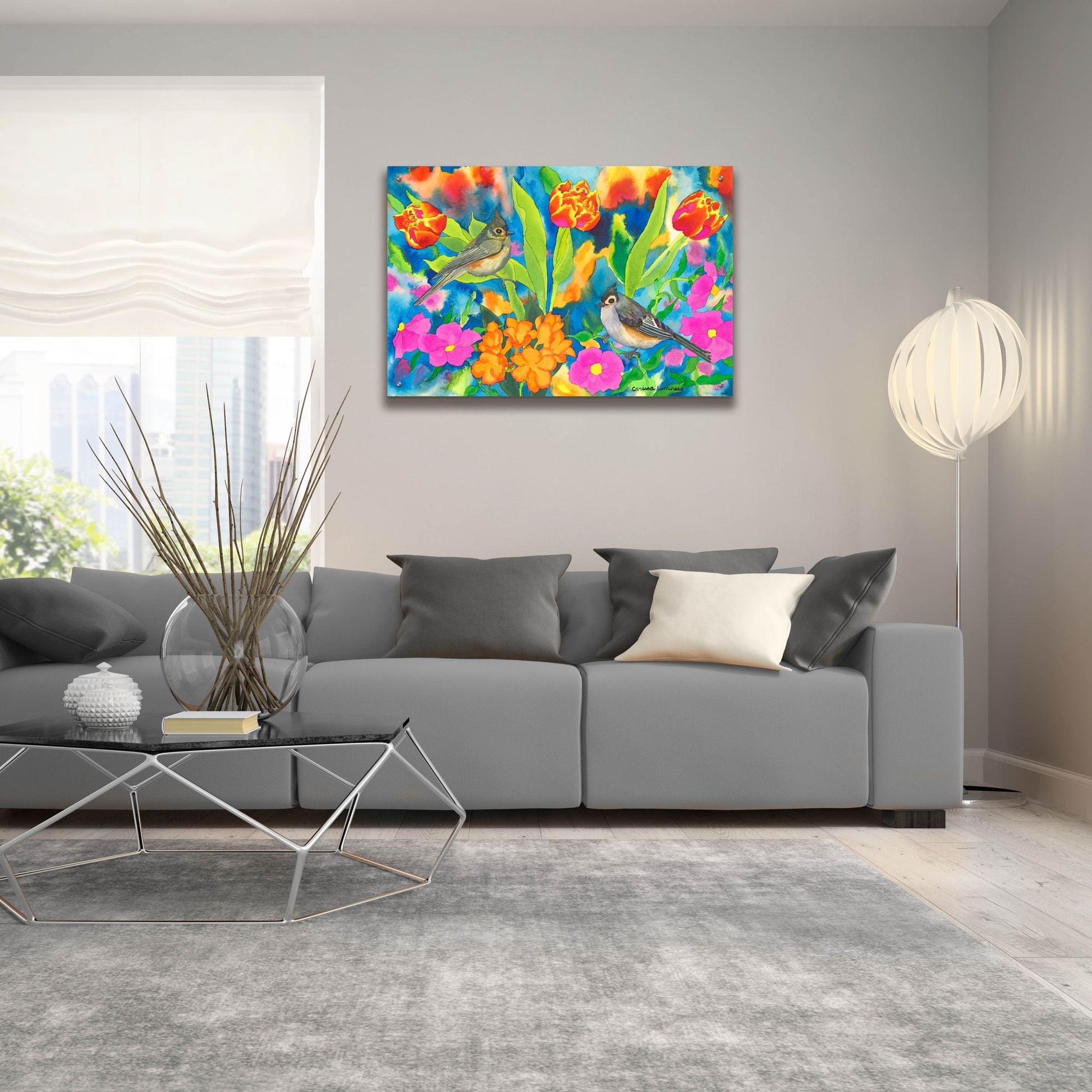 Epic Art 'Titmouses and Tulips' by Carissa Luminess, Acrylic Glass Wall Art,36x24