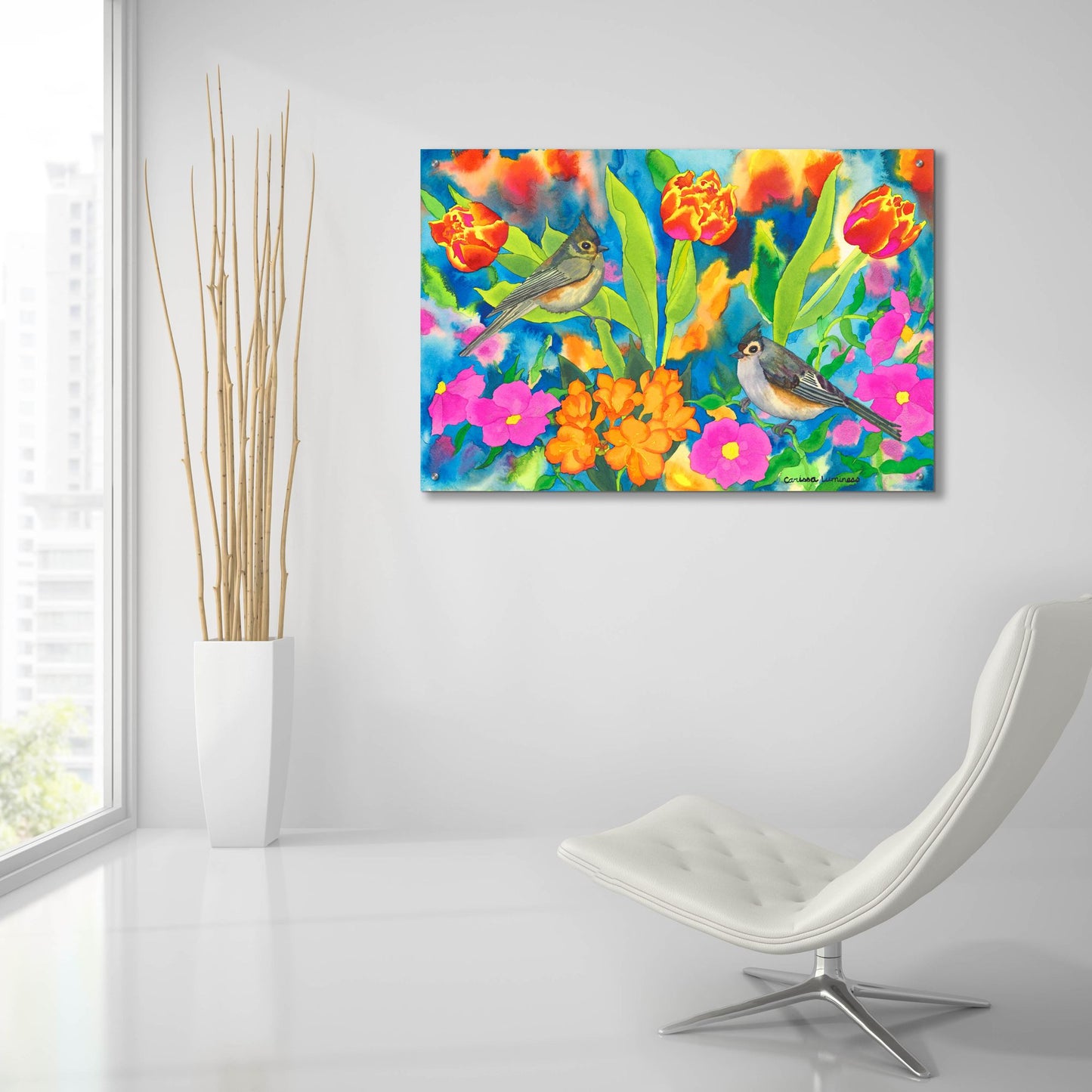 Epic Art 'Titmouses and Tulips' by Carissa Luminess, Acrylic Glass Wall Art,36x24