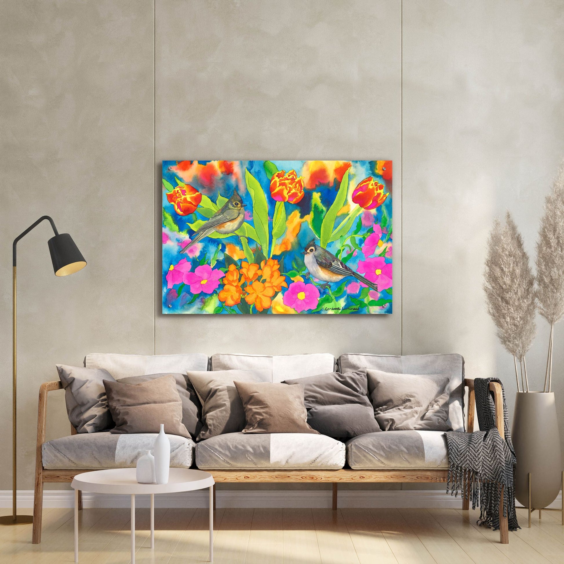 Epic Art 'Titmouses and Tulips' by Carissa Luminess, Acrylic Glass Wall Art,36x24