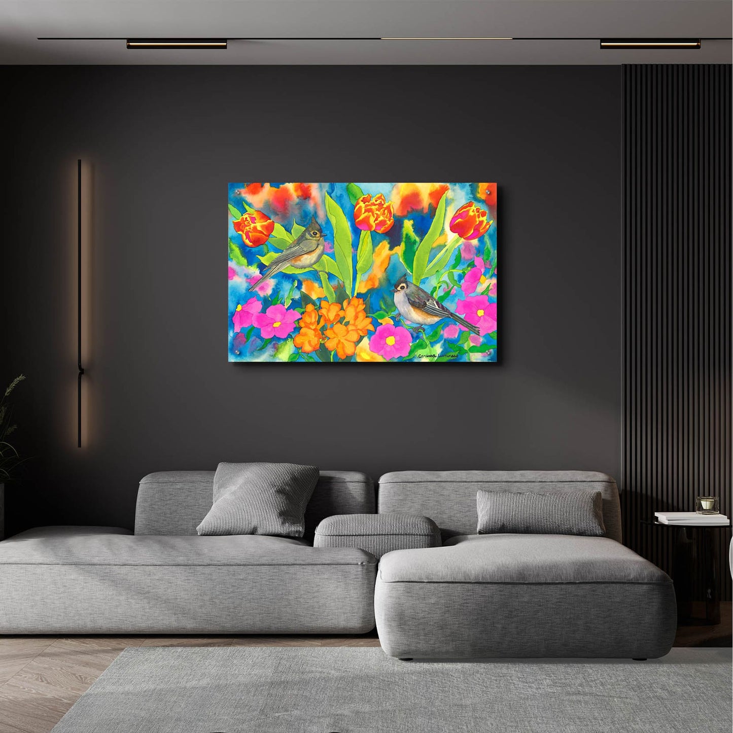 Epic Art 'Titmouses and Tulips' by Carissa Luminess, Acrylic Glass Wall Art,36x24