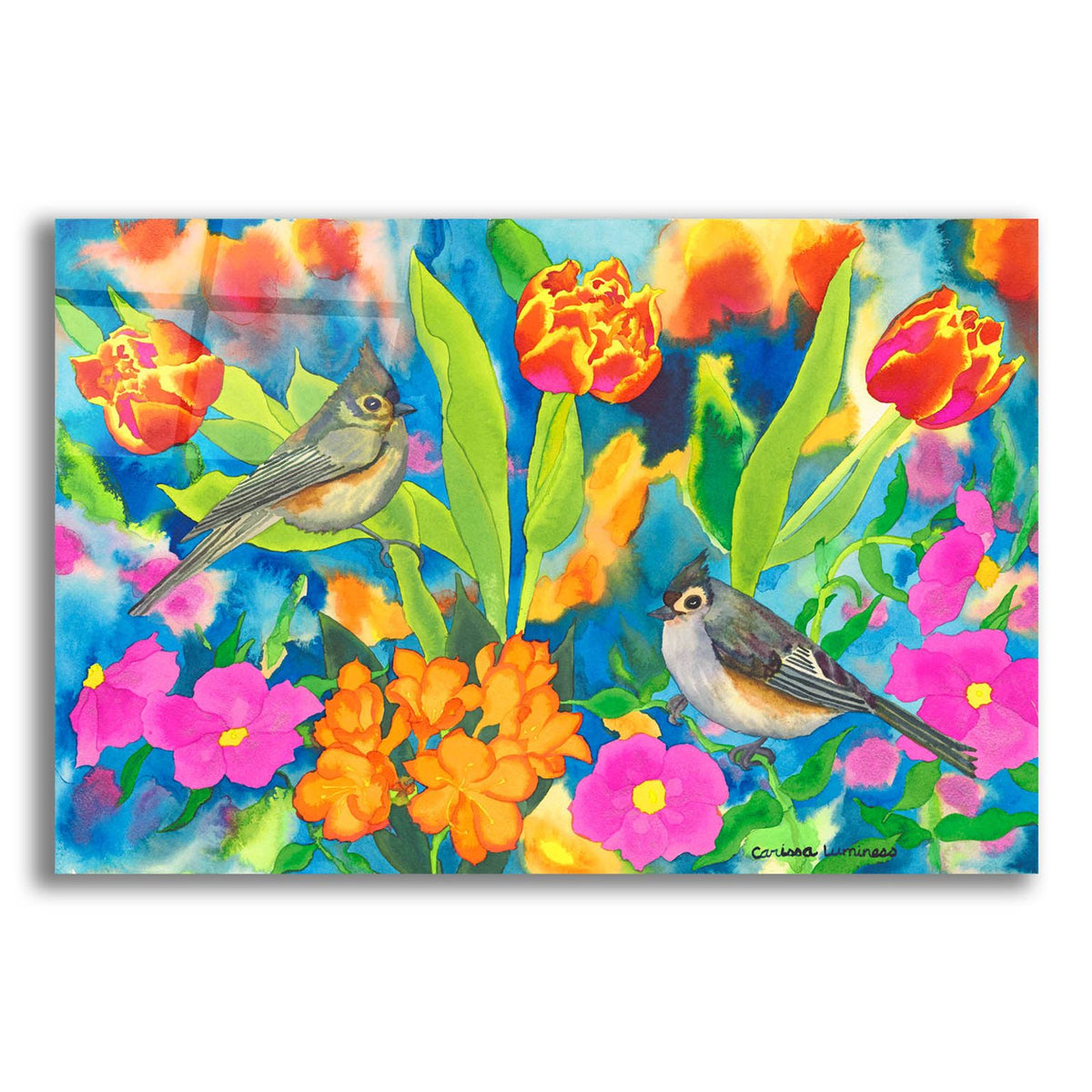 Titmouses and Tulips by Carissa Luminess acrylic glass wall art