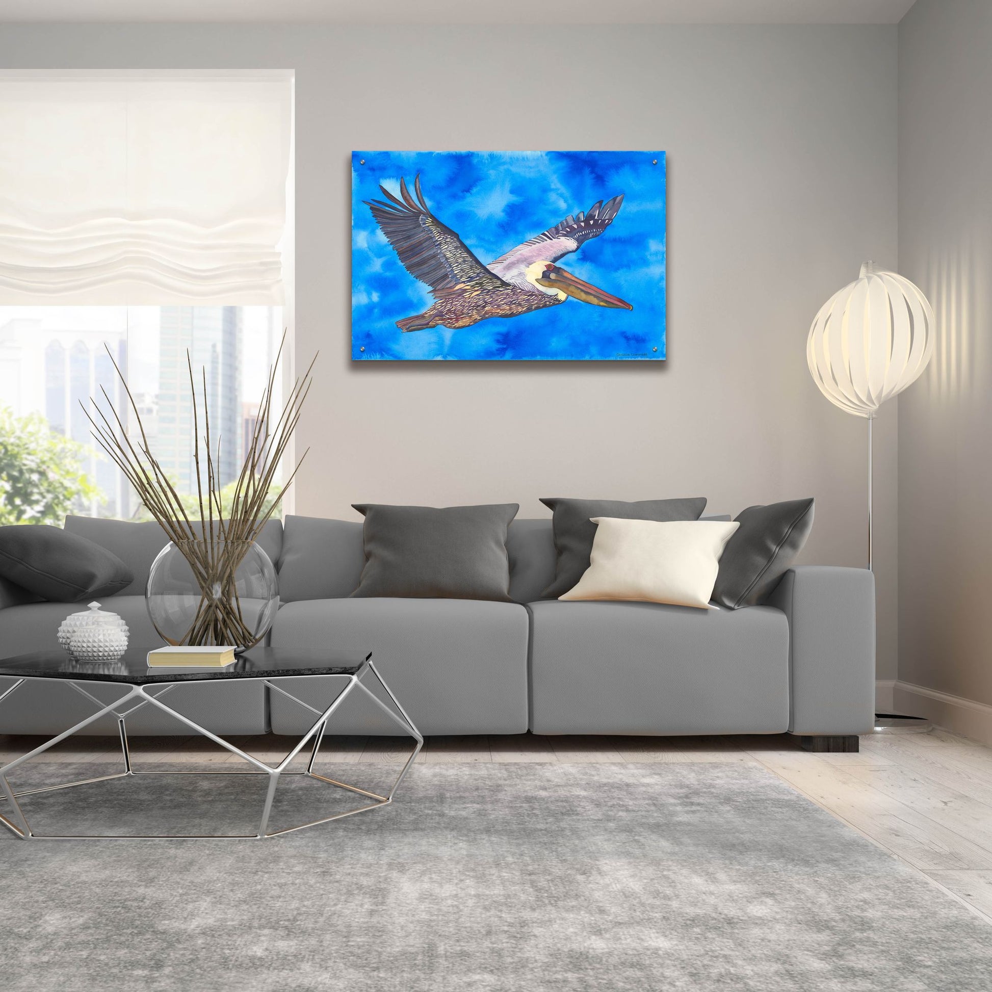 Epic Art 'Flying Pelican' by Carissa Luminess, Acrylic Glass Wall Art,36x24