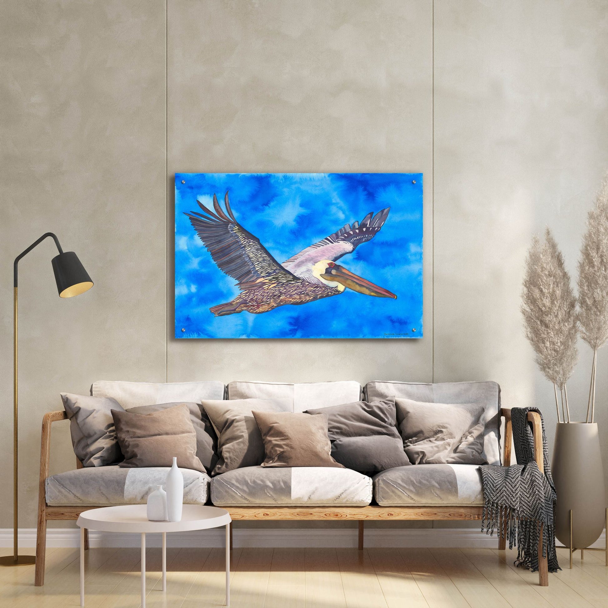 Epic Art 'Flying Pelican' by Carissa Luminess, Acrylic Glass Wall Art,36x24