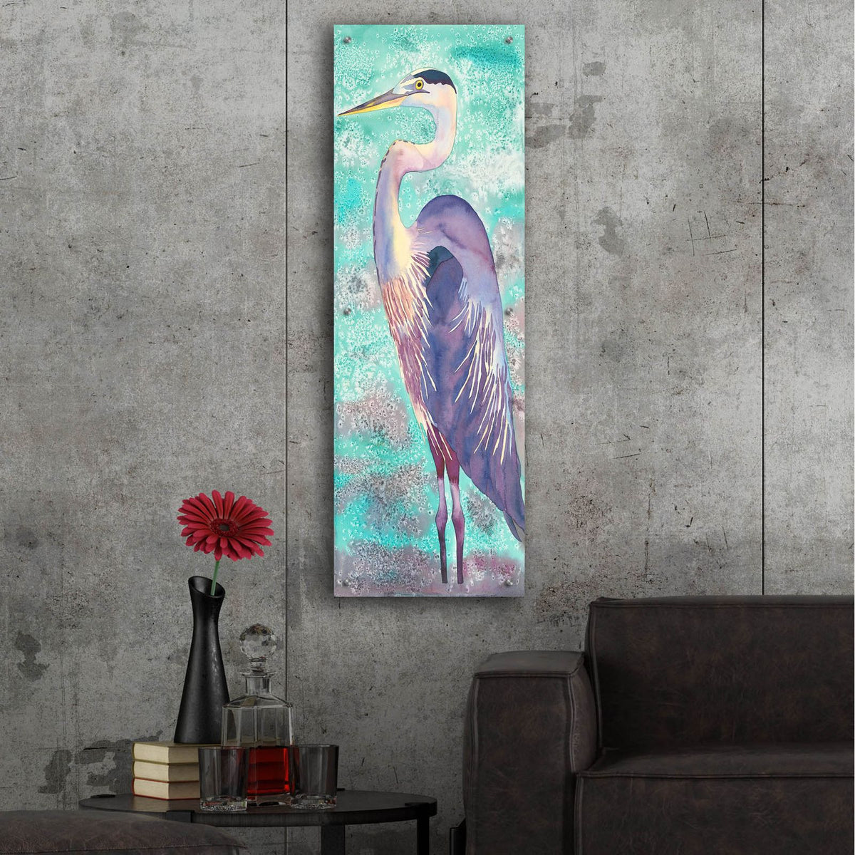 Great Blue Heron by Carissa Luminess - 16x48 acrylic wall art in a room