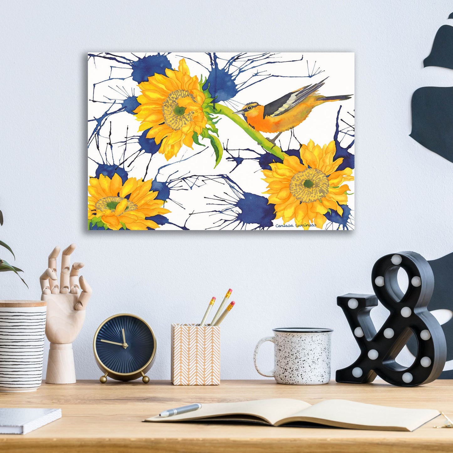 Epic Art 'Oriole with Sunflowers' by Carissa Luminess, Acrylic Glass Wall Art,16x12