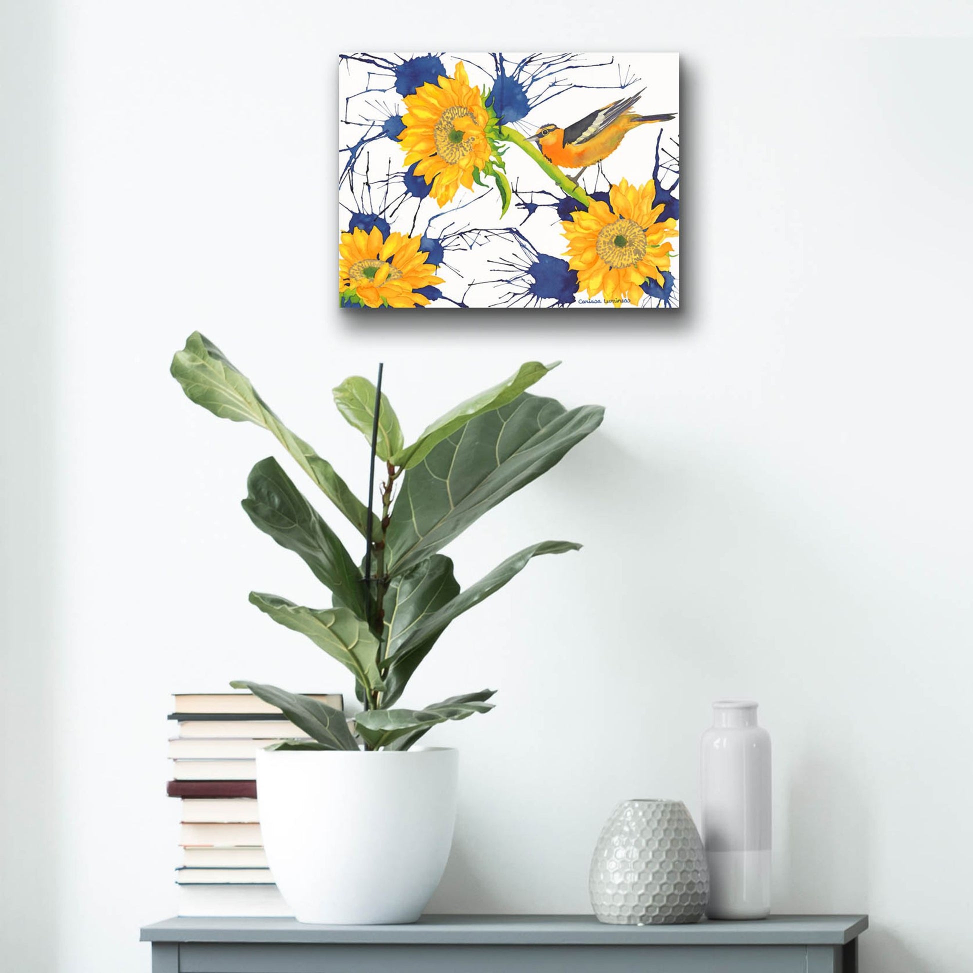 Epic Art 'Oriole with Sunflowers' by Carissa Luminess, Acrylic Glass Wall Art,16x12