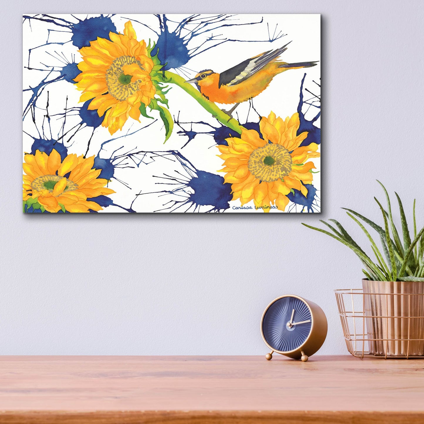 Epic Art 'Oriole with Sunflowers' by Carissa Luminess, Acrylic Glass Wall Art,16x12