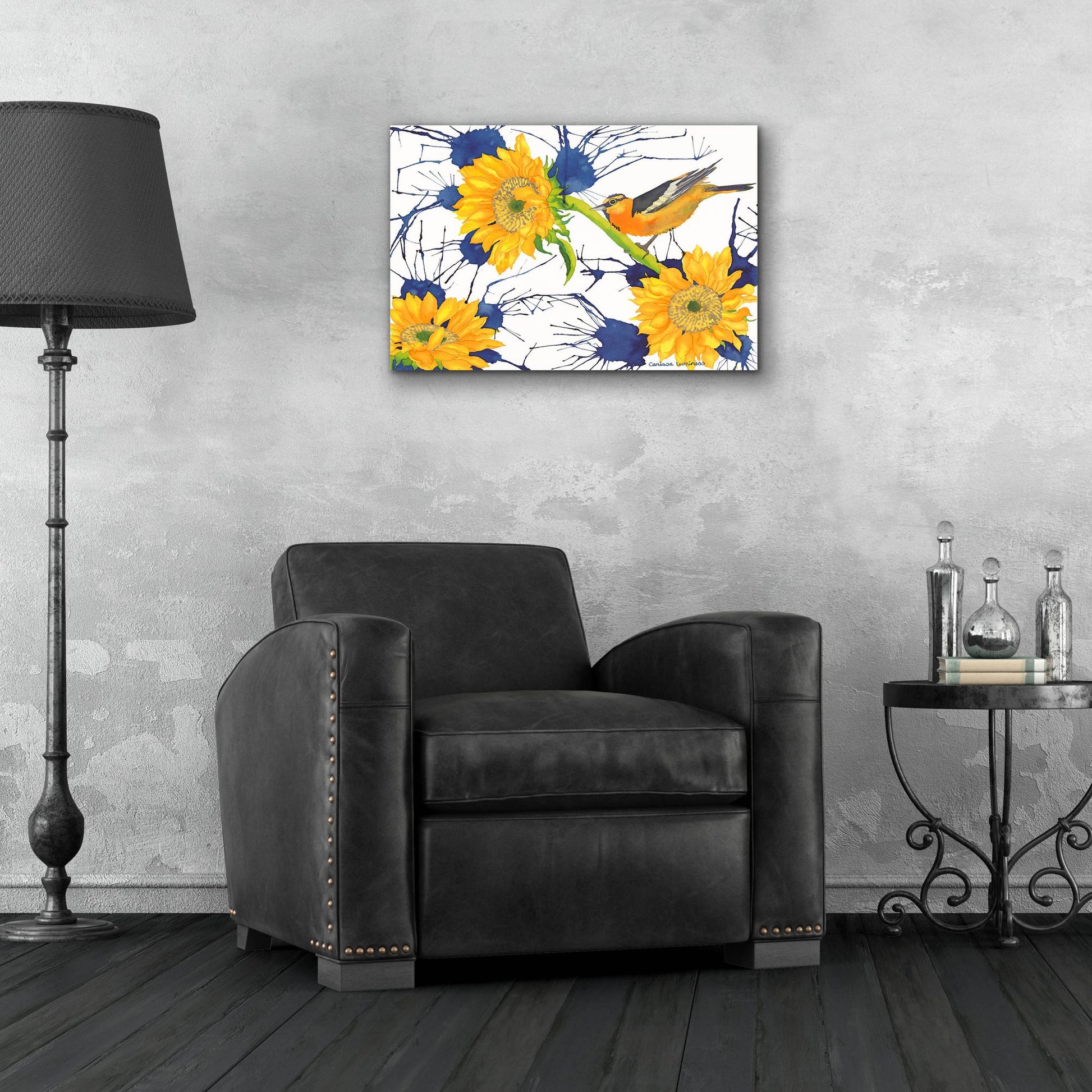 Epic Art 'Oriole with Sunflowers' by Carissa Luminess, Acrylic Glass Wall Art,24x16