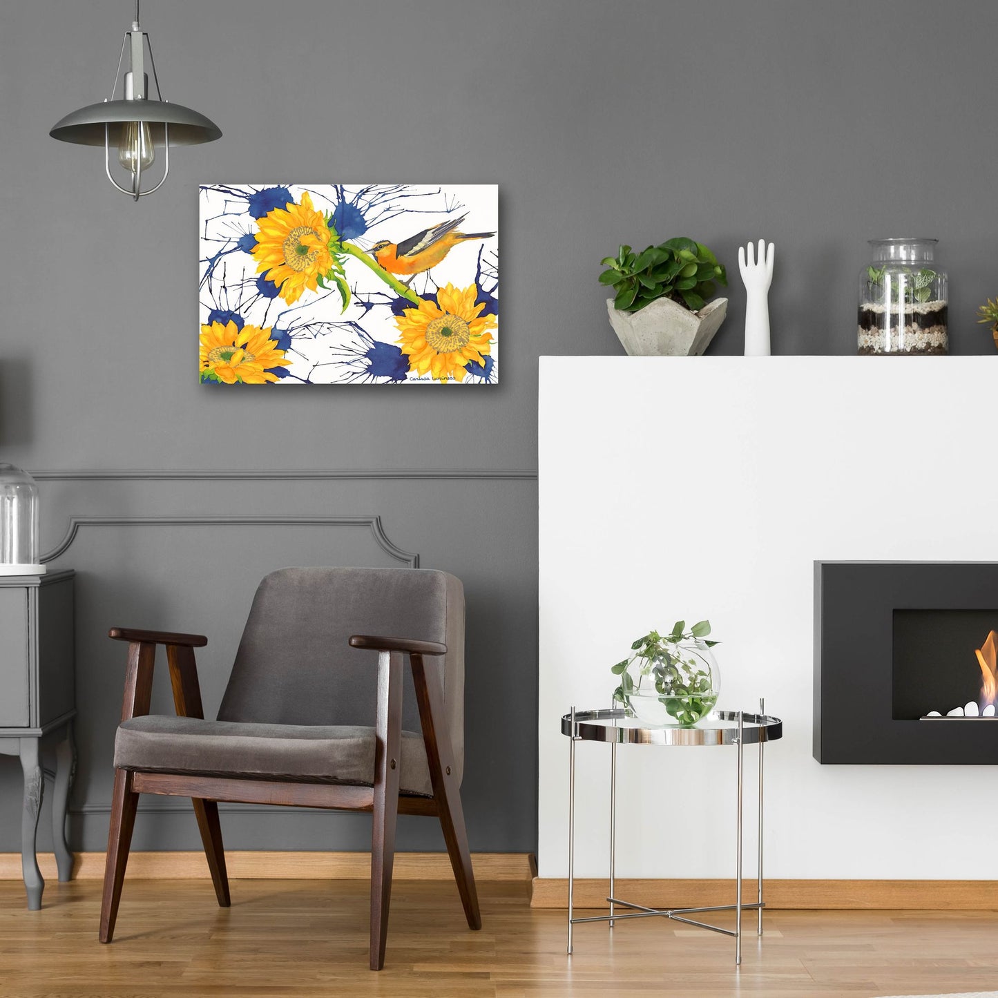 Epic Art 'Oriole with Sunflowers' by Carissa Luminess, Acrylic Glass Wall Art,24x16