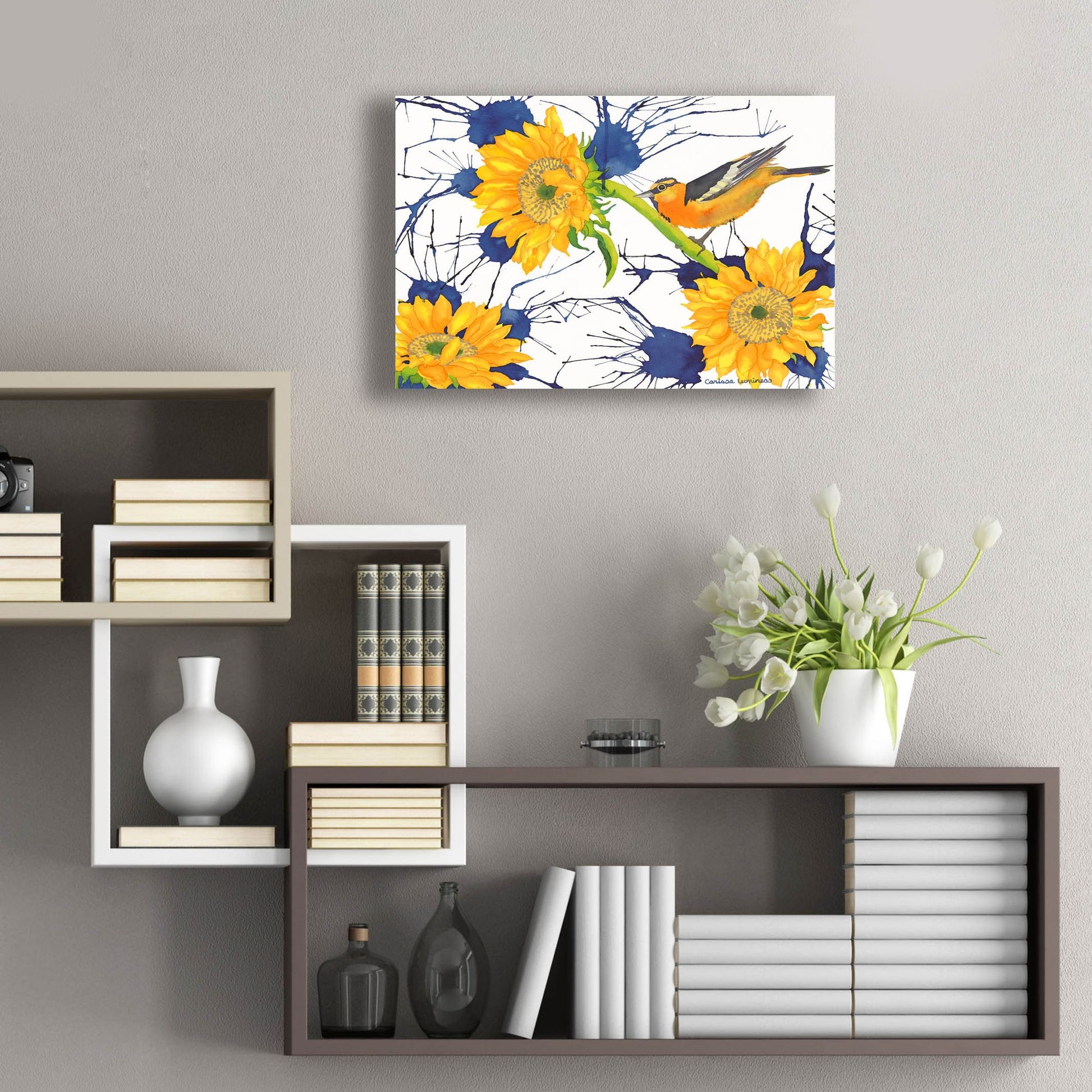 Epic Art 'Oriole with Sunflowers' by Carissa Luminess, Acrylic Glass Wall Art,24x16