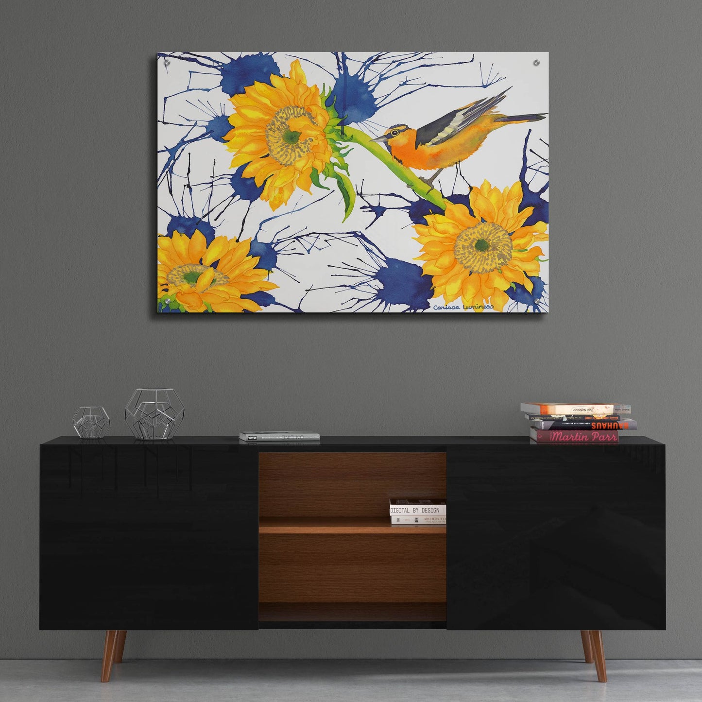 Epic Art 'Oriole with Sunflowers' by Carissa Luminess, Acrylic Glass Wall Art,36x24