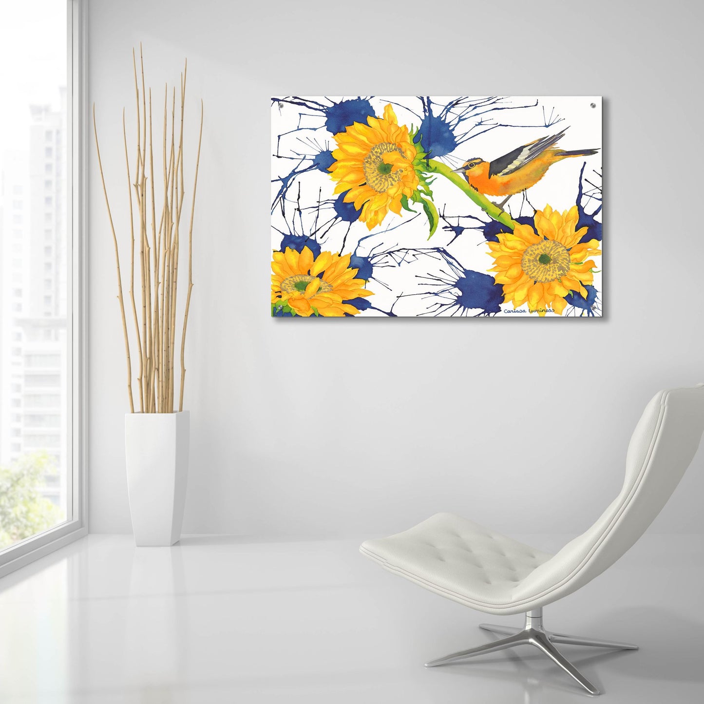 Epic Art 'Oriole with Sunflowers' by Carissa Luminess, Acrylic Glass Wall Art,36x24