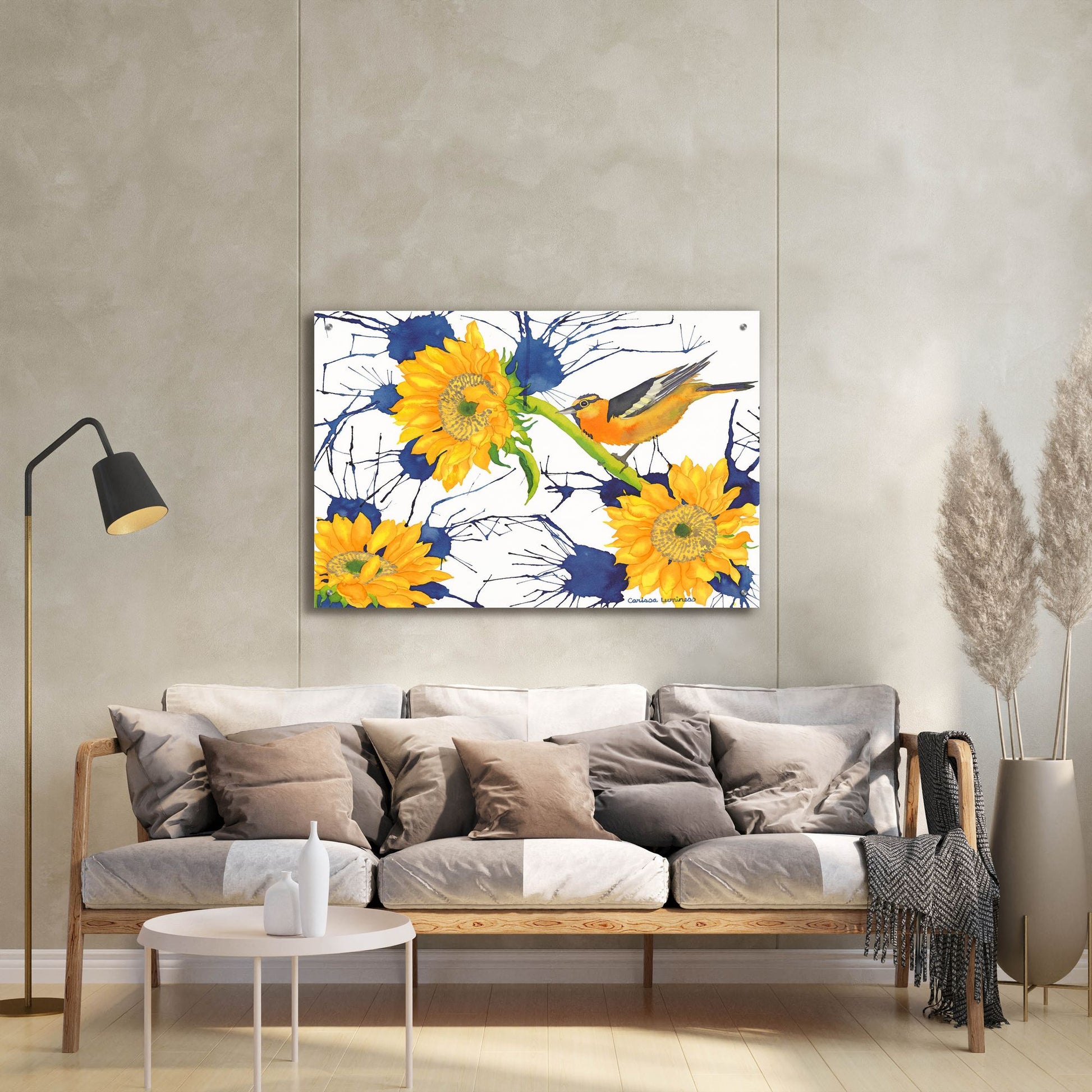 Epic Art 'Oriole with Sunflowers' by Carissa Luminess, Acrylic Glass Wall Art,36x24