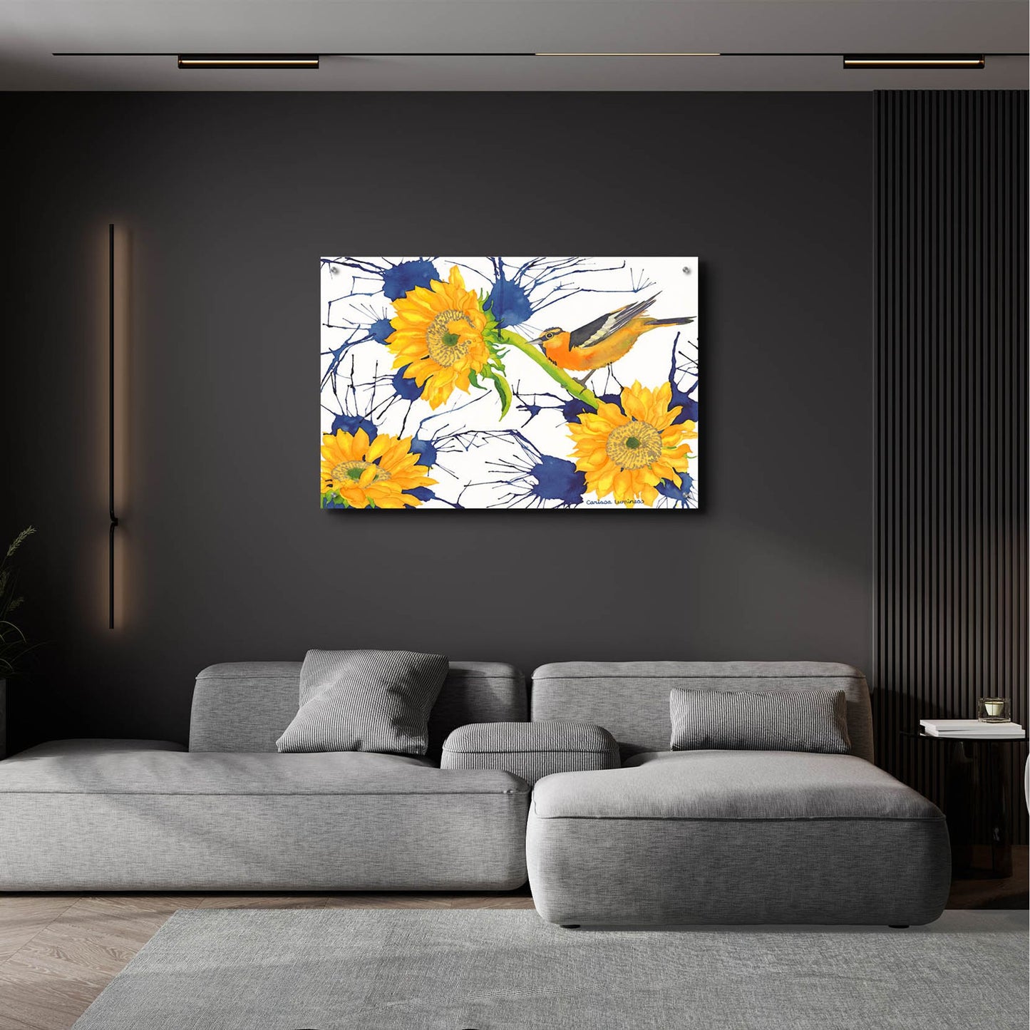 Epic Art 'Oriole with Sunflowers' by Carissa Luminess, Acrylic Glass Wall Art,36x24