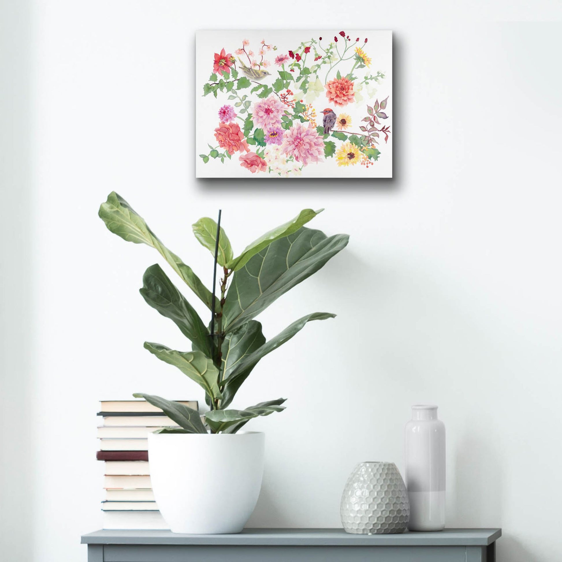 Epic Art 'Songbirds With Dhalias' by Carissa Luminess, Acrylic Glass Wall Art,16x12