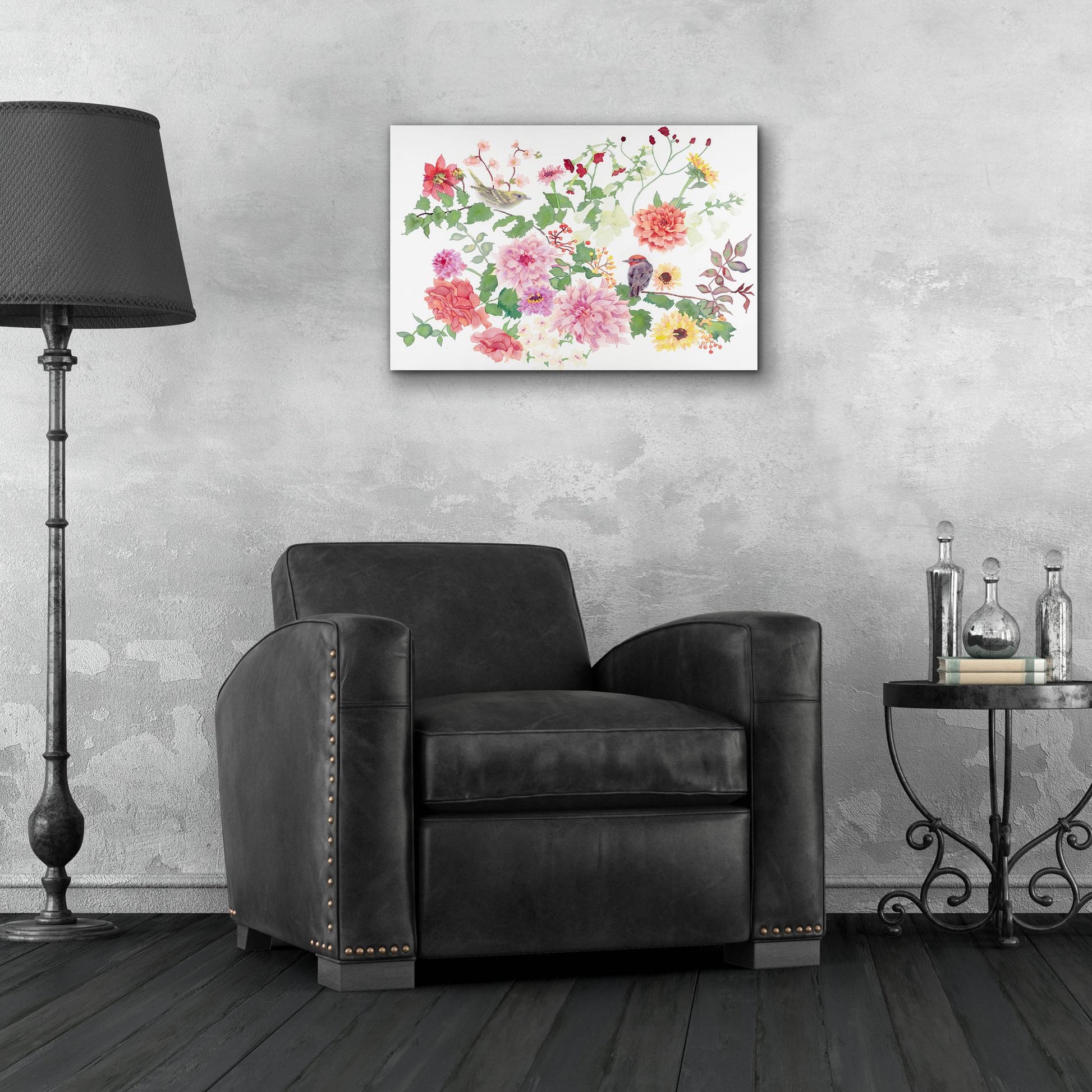 Epic Art 'Songbirds With Dhalias' by Carissa Luminess, Acrylic Glass Wall Art,24x16