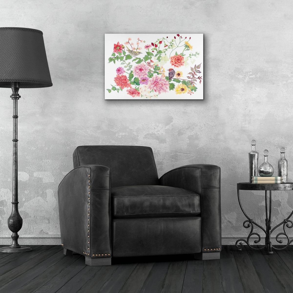 Songbirds With Dhalias by Carissa Luminess - 24x16 acrylic wall art in a room