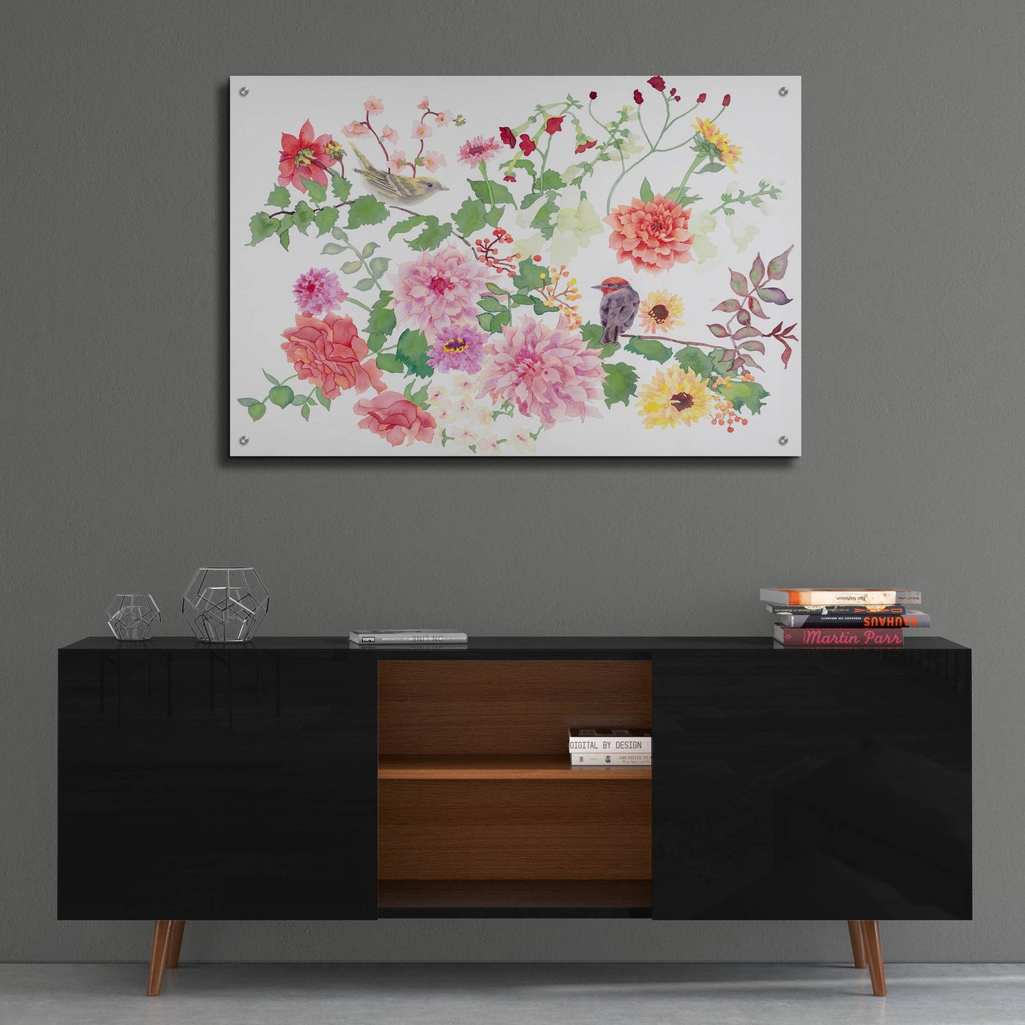 Epic Art 'Songbirds With Dhalias' by Carissa Luminess, Acrylic Glass Wall Art,36x24