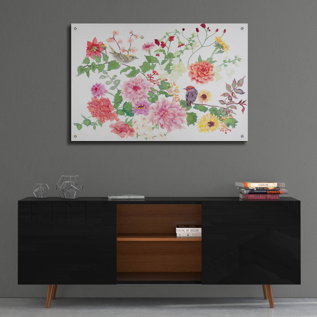 Songbirds With Dhalias by Carissa Luminess - 36x24 acrylic wall art in a room
