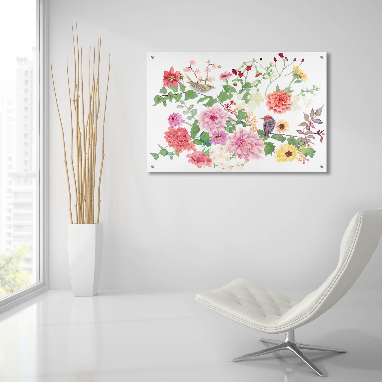 Epic Art 'Songbirds With Dhalias' by Carissa Luminess, Acrylic Glass Wall Art,36x24