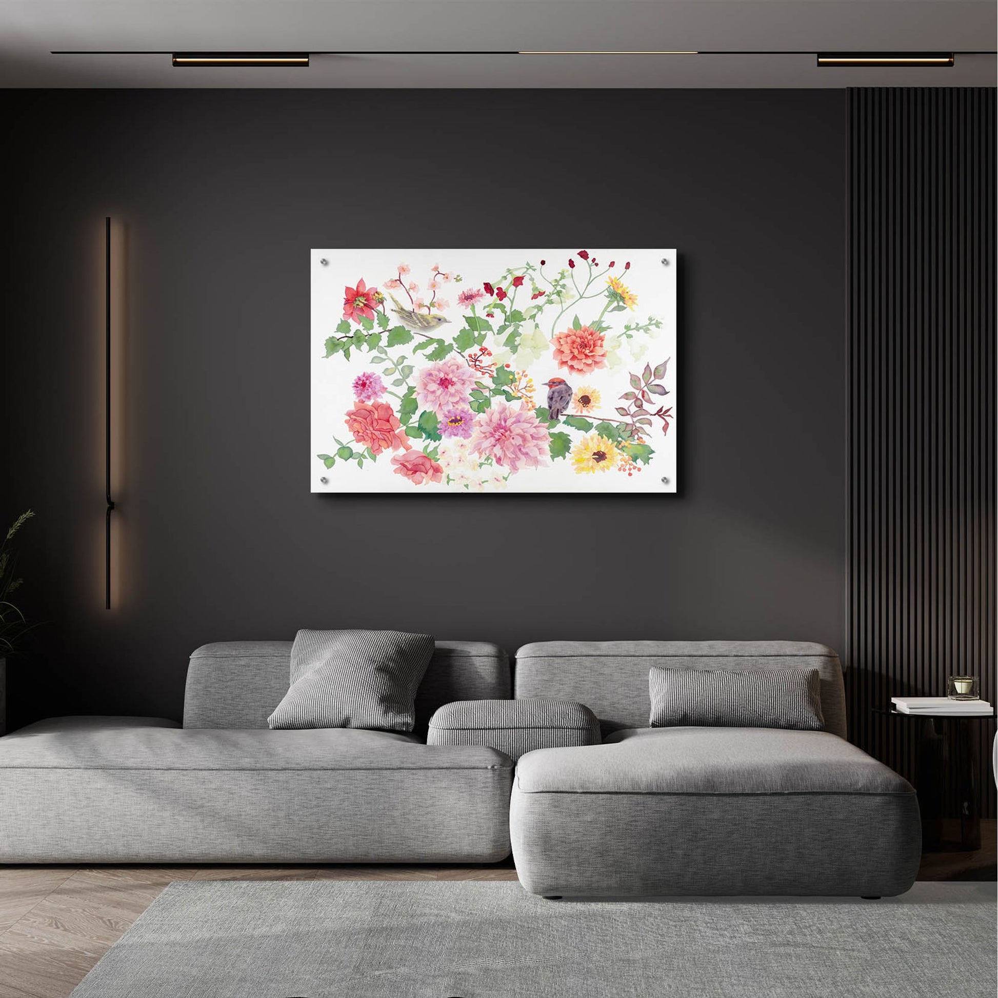 Epic Art 'Songbirds With Dhalias' by Carissa Luminess, Acrylic Glass Wall Art,36x24