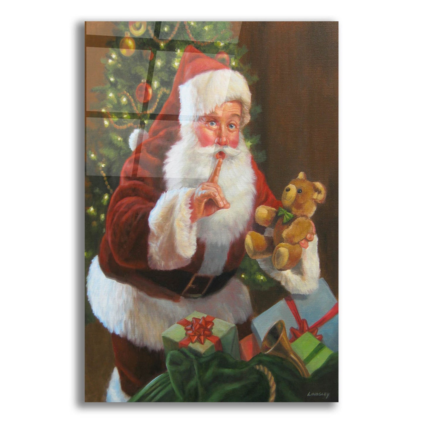 Epic Art 'Santa With Teddy Bear' by David Lindsley, Acrylic Glass Wall Art