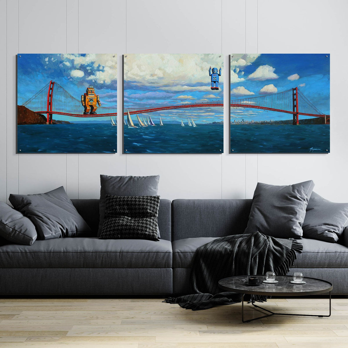 Epic Art 'Golden Gaters' by Eric Joyner, Acrylic Glass Wall Art, 3 Piece Set,108x36