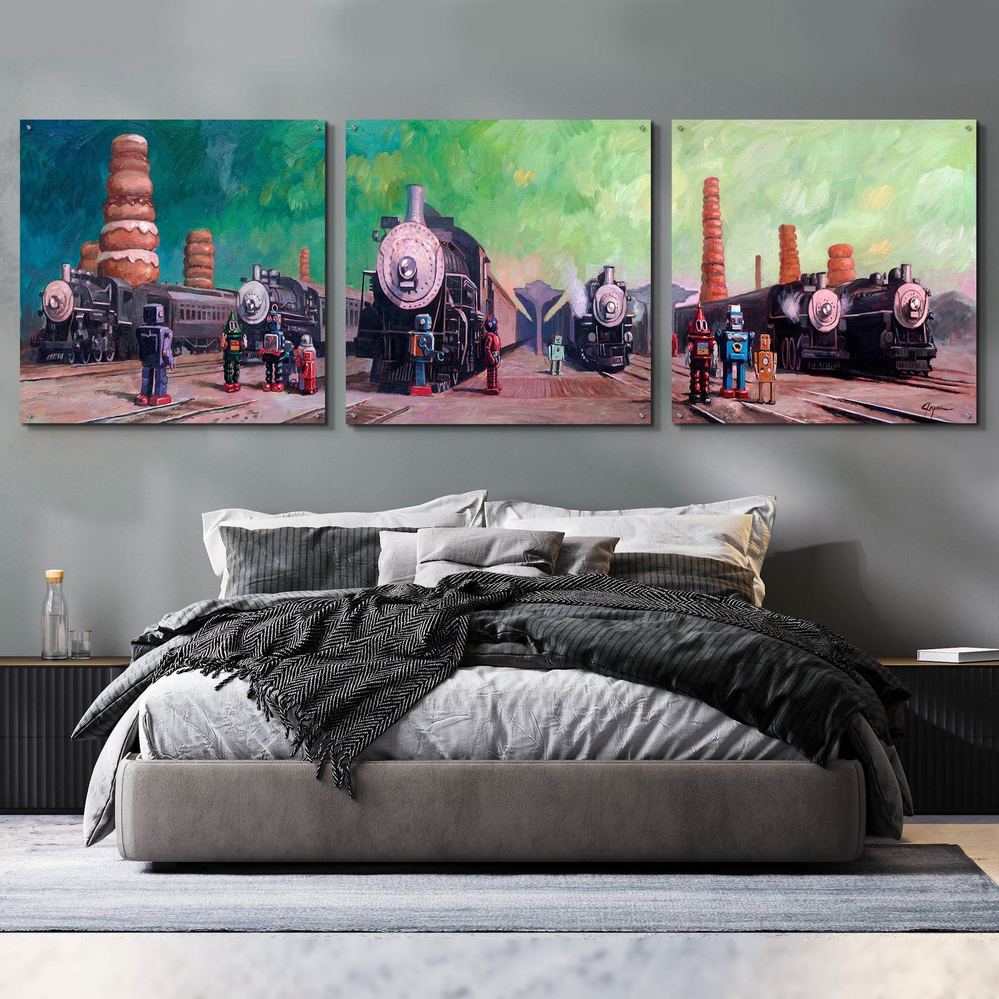 Epic Art 'Trainyard' by Eric Joyner, Acrylic Glass Wall Art, 3 Piece Set,108x36