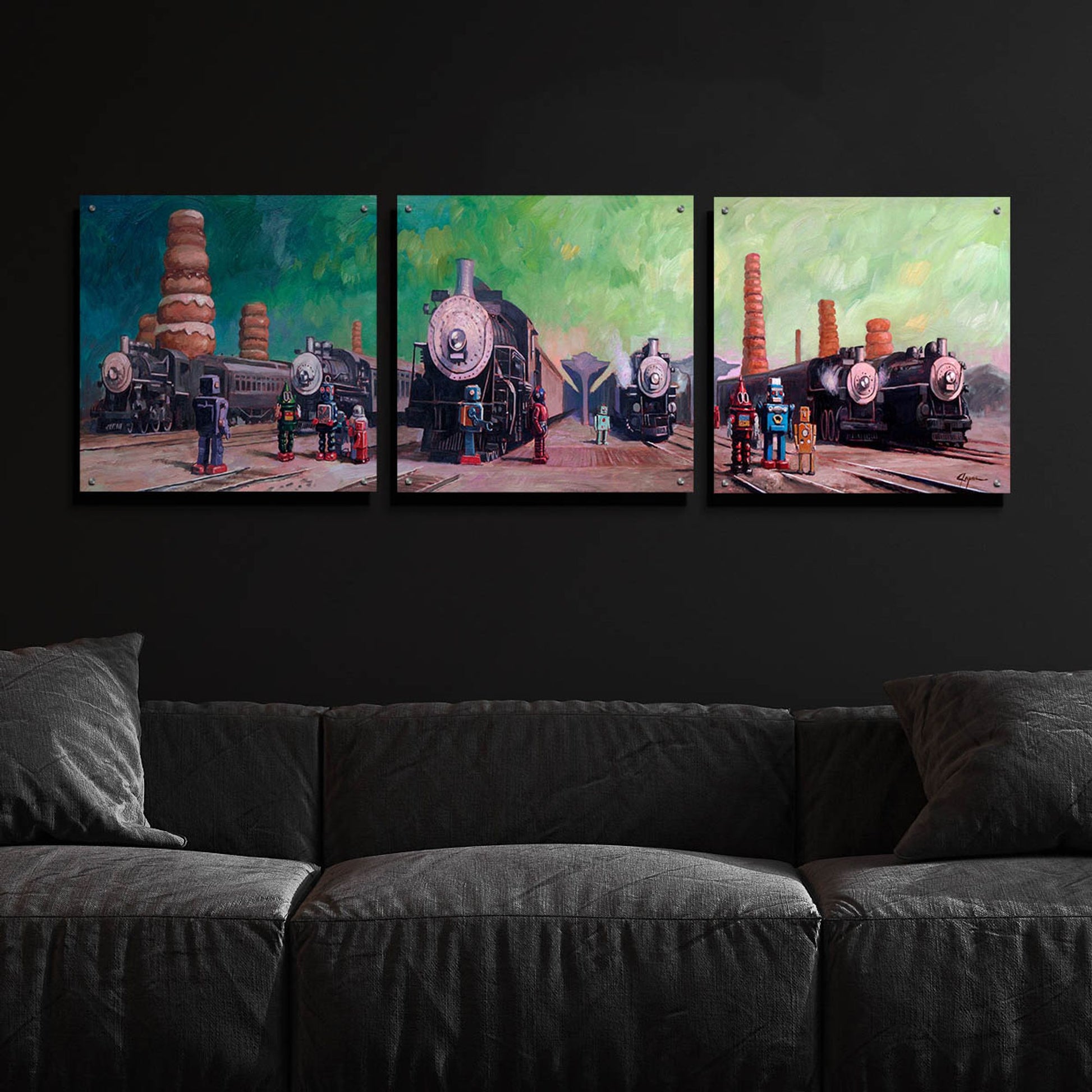 Epic Art 'Trainyard' by Eric Joyner, Acrylic Glass Wall Art, 3 Piece Set,72x24