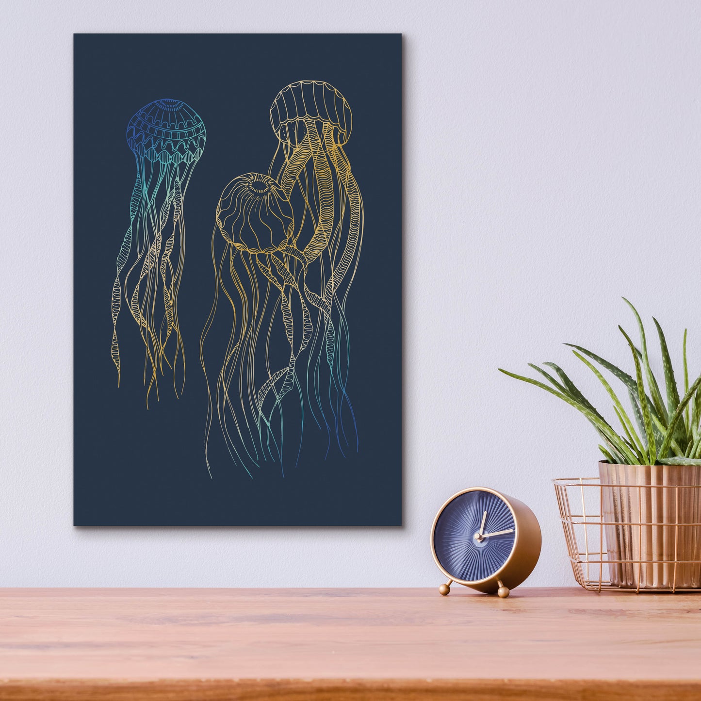 Epic Art 'Sealife Blue And Gold Jellyfishes' by Sabrina Balbuena, Acrylic Glass Wall Art,12x16