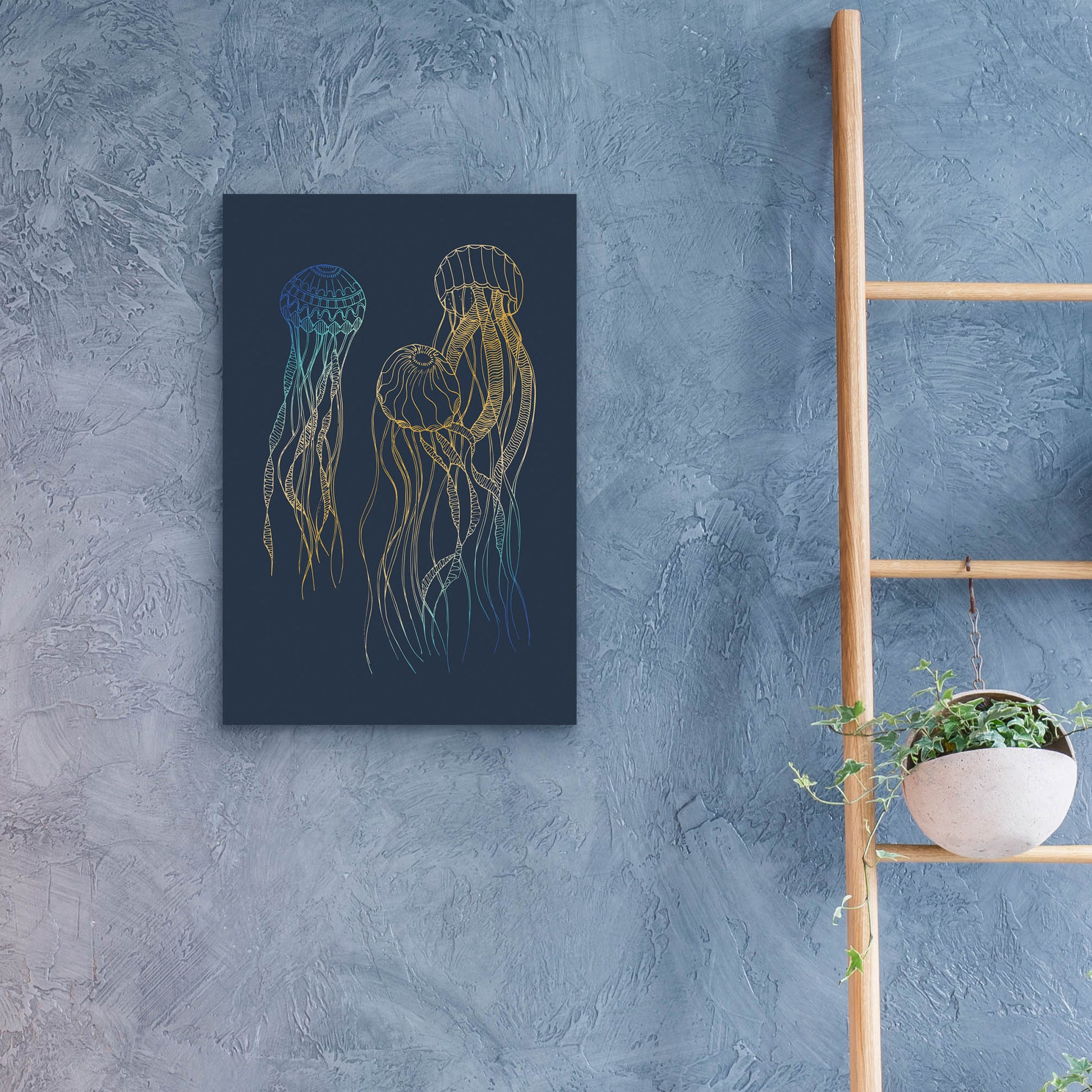 Epic Art 'Sealife Blue And Gold Jellyfishes' by Sabrina Balbuena, Acrylic Glass Wall Art,16x24