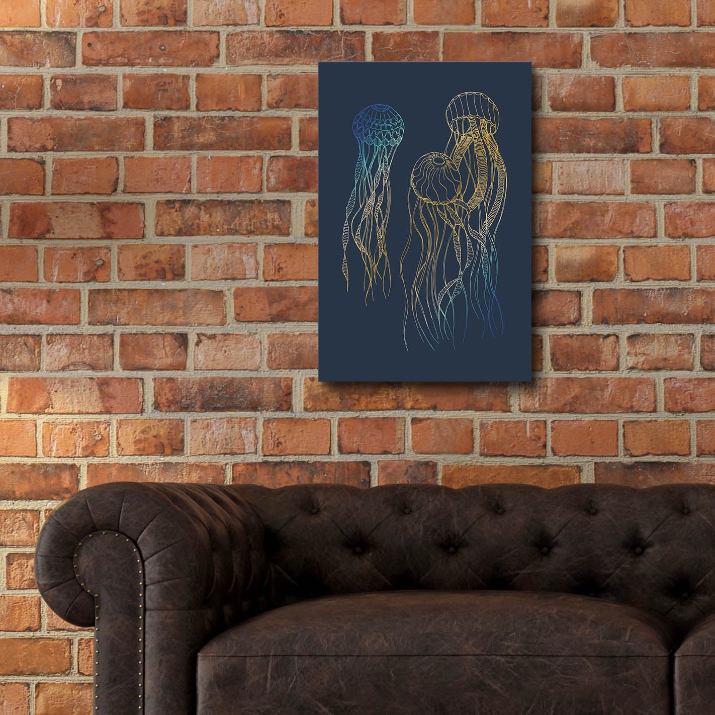 Epic Art 'Sealife Blue And Gold Jellyfishes' by Sabrina Balbuena, Acrylic Glass Wall Art,16x24