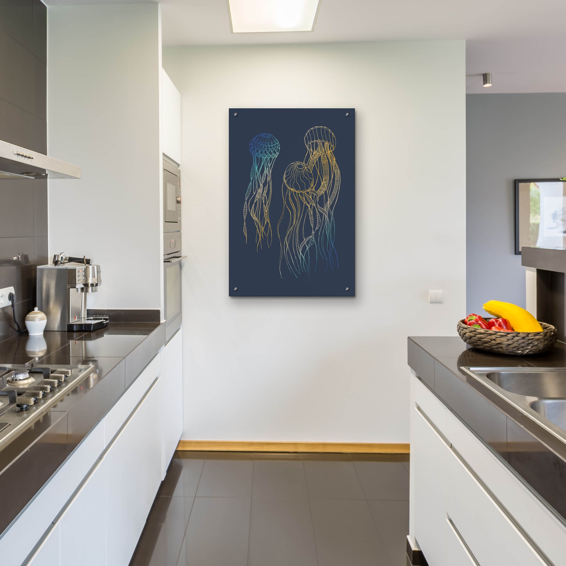 Epic Art 'Sealife Blue And Gold Jellyfishes' by Sabrina Balbuena, Acrylic Glass Wall Art,24x36