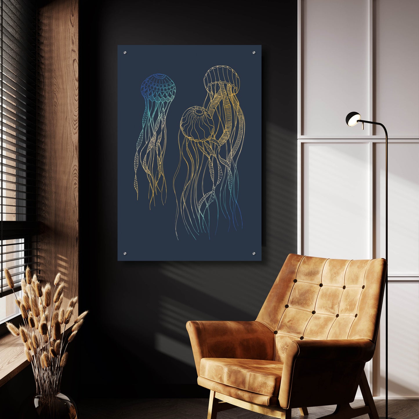 Epic Art 'Sealife Blue And Gold Jellyfishes' by Sabrina Balbuena, Acrylic Glass Wall Art,24x36