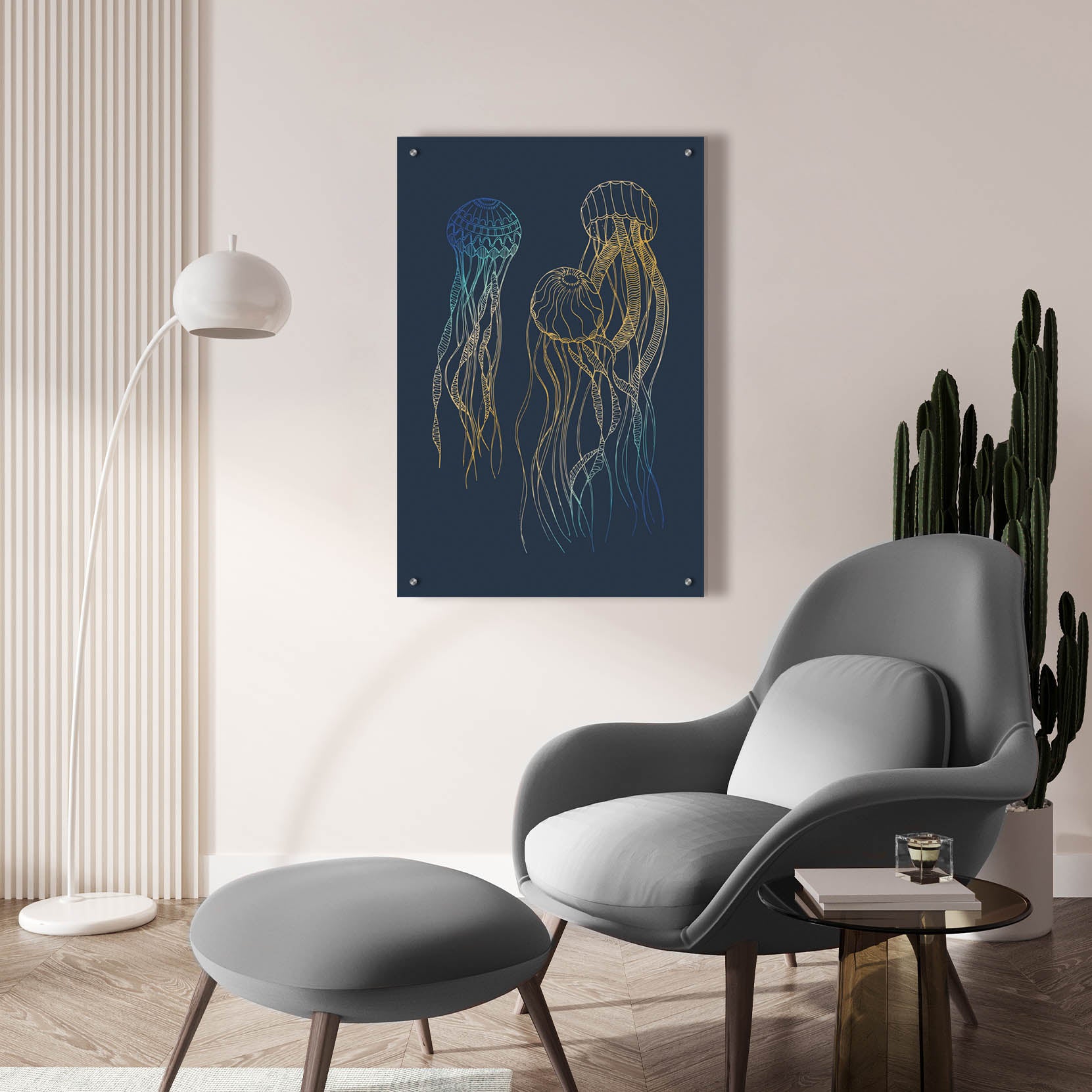 Epic Art 'Sealife Blue And Gold Jellyfishes' by Sabrina Balbuena, Acrylic Glass Wall Art,24x36