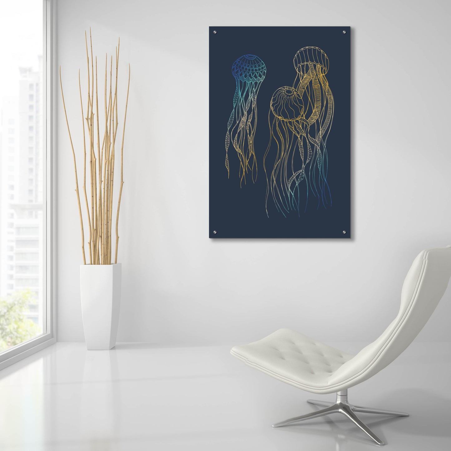 Epic Art 'Sealife Blue And Gold Jellyfishes' by Sabrina Balbuena, Acrylic Glass Wall Art,24x36