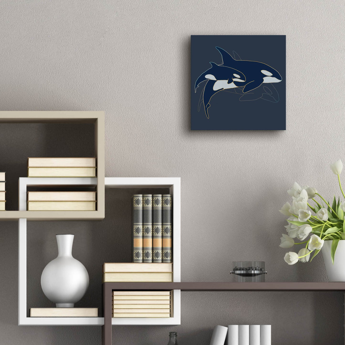 Epic Art 'Sealife Blue And Gold Killer Whales' by Sabrina Balbuena, Acrylic Glass Wall Art,12x12