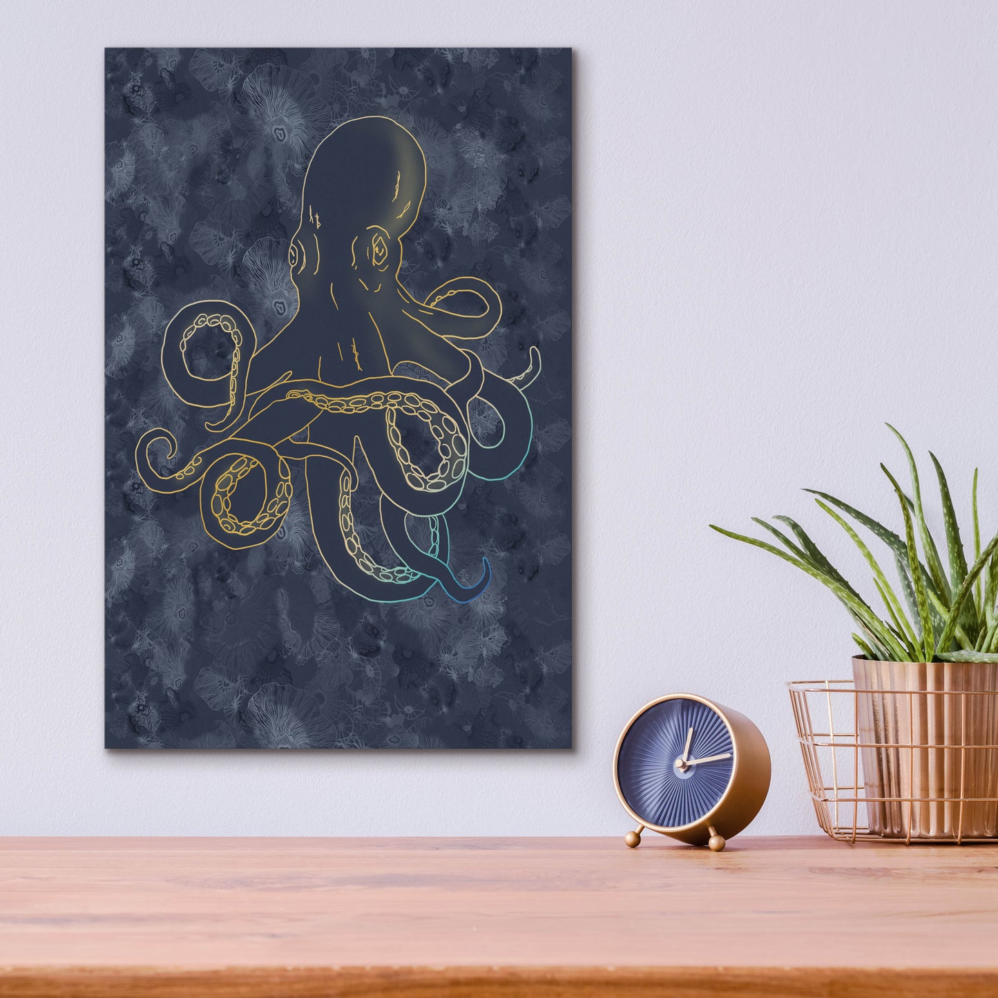 Epic Art 'Sealife Blue And Gold Giant Octopus' by Sabrina Balbuena, Acrylic Glass Wall Art,12x16