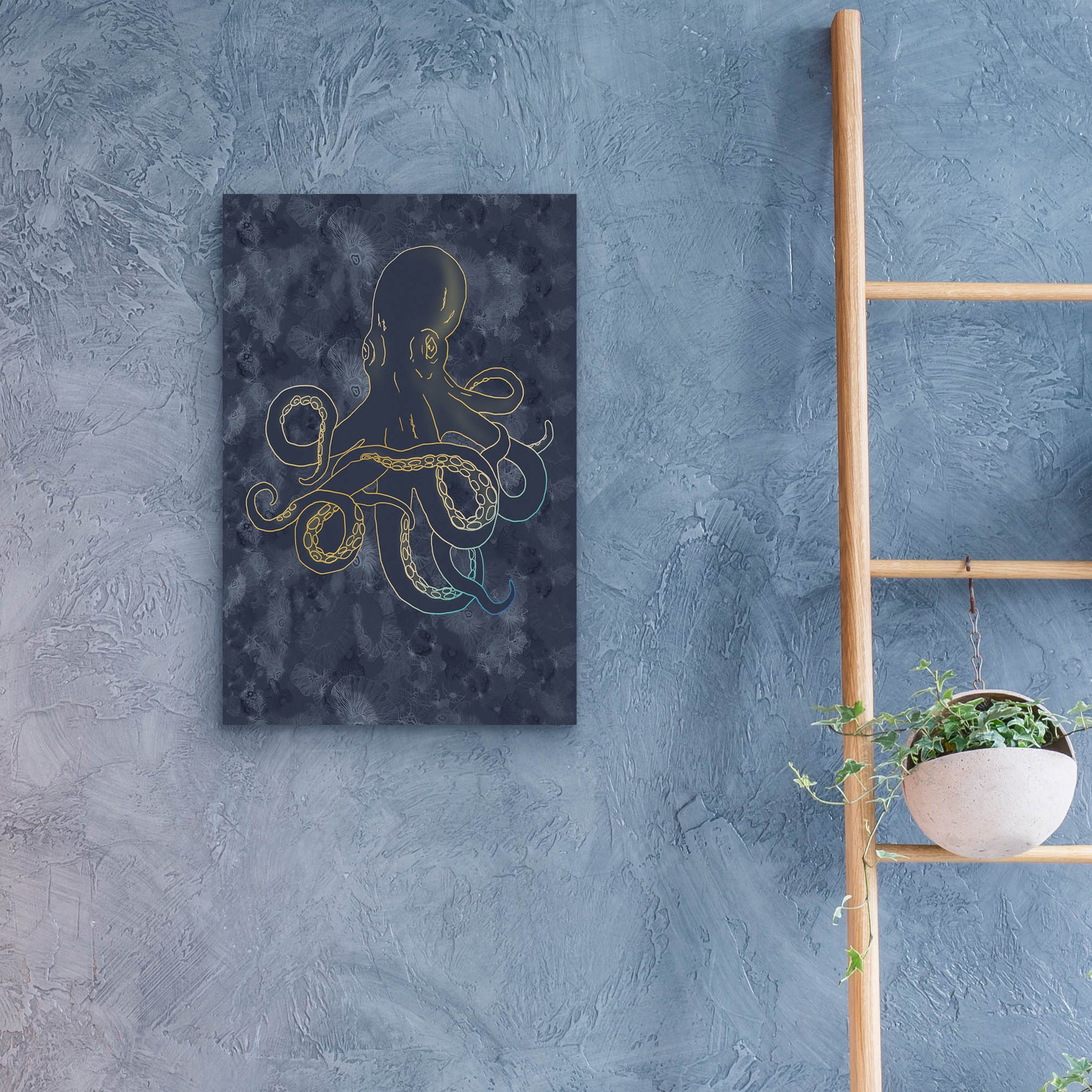 Epic Art 'Sealife Blue And Gold Giant Octopus' by Sabrina Balbuena, Acrylic Glass Wall Art,16x24