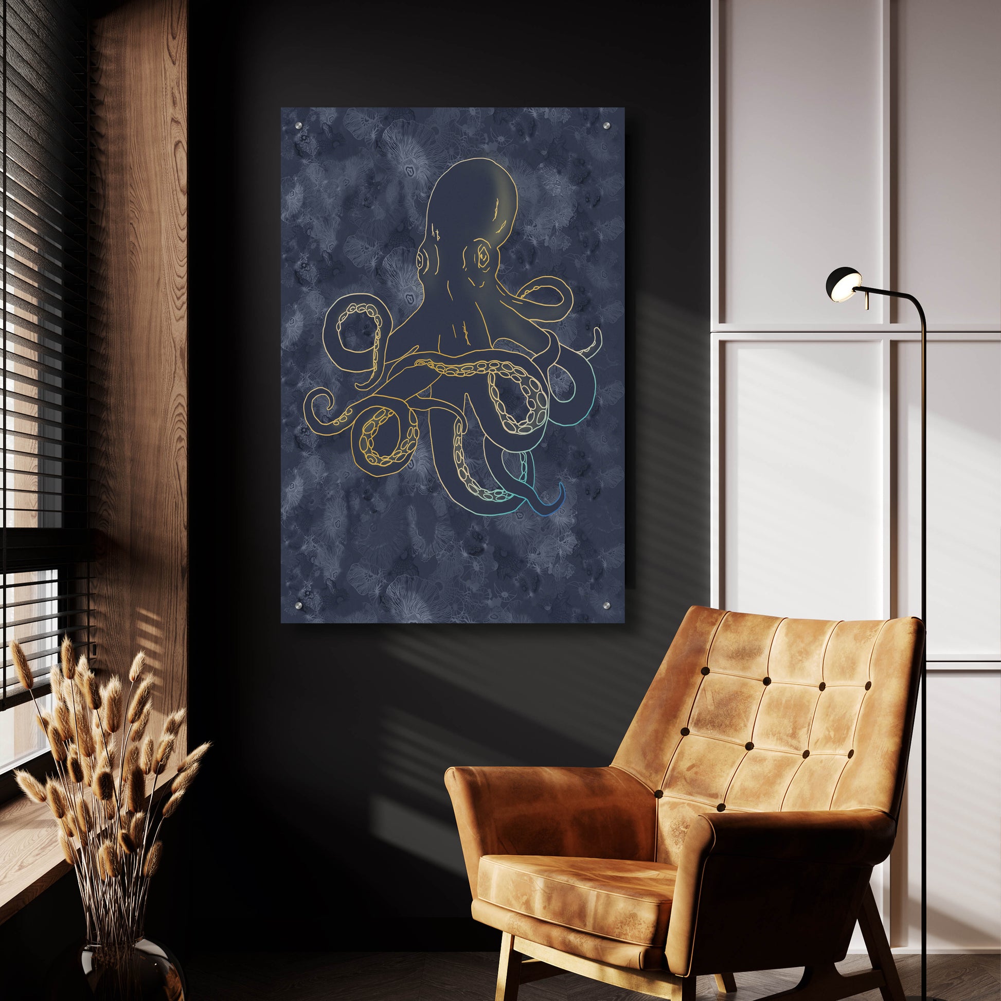 Epic Art 'Sealife Blue And Gold Giant Octopus' by Sabrina Balbuena, Acrylic Glass Wall Art,24x36